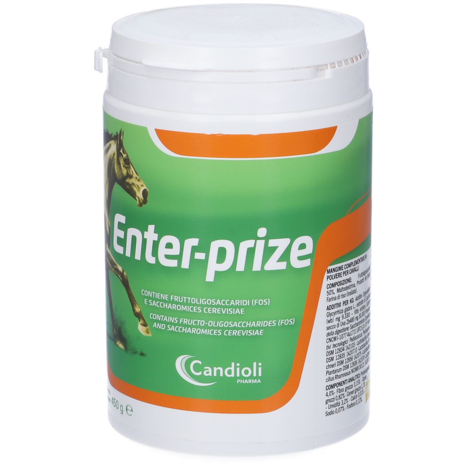 Barattolo bianco con etichetta verde. Scritta: Enter-prize, illustrazione di cavallo, Candoli Pharma. Contiene frutto-oligosaccaridi e lievito vivo.