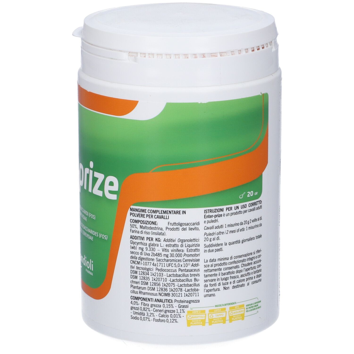 Barattolo bianco con etichetta verde. Scritta: Enter-prize, illustrazione di cavallo, Candoli Pharma. Contiene frutto-oligosaccaridi e lievito vivo.