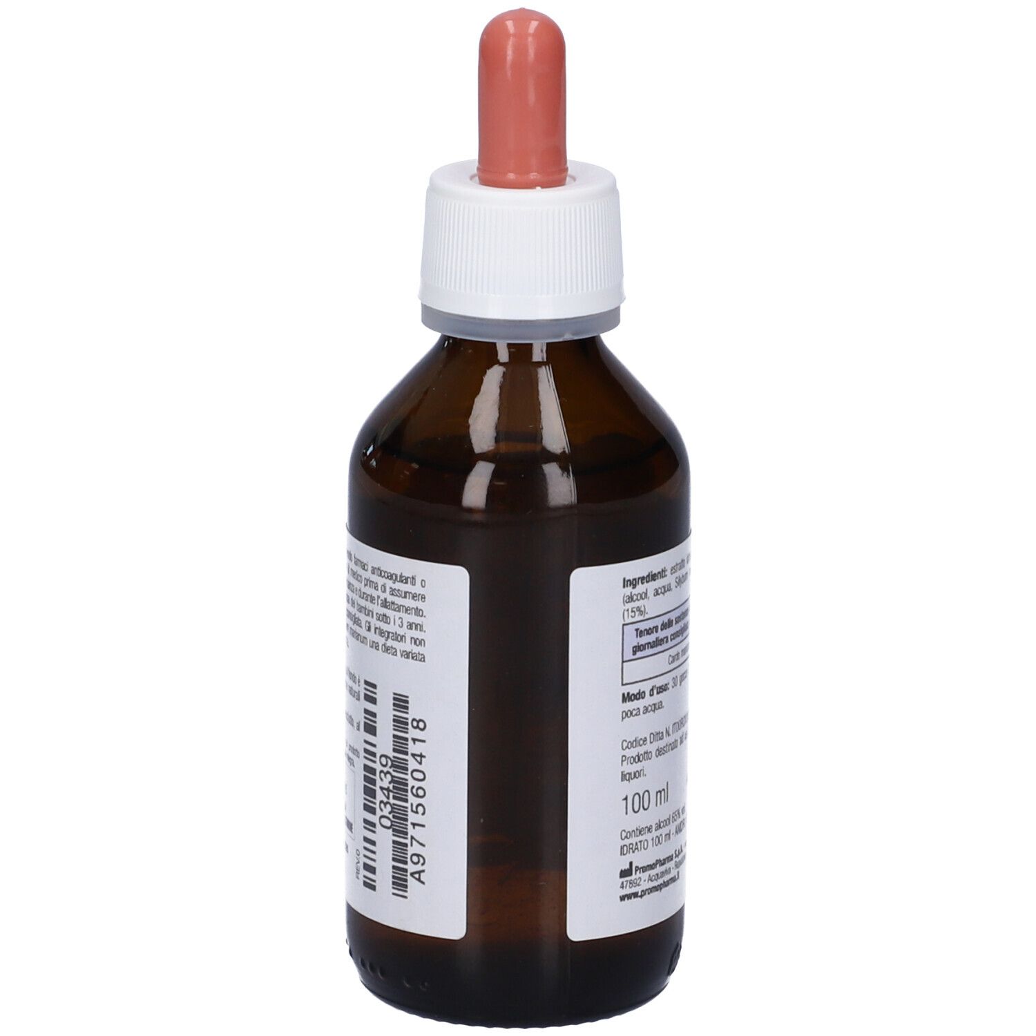Flacone di vetro marrone con etichetta. Contiene informazioni sugli ingredienti e il dosaggio. 100 ml.