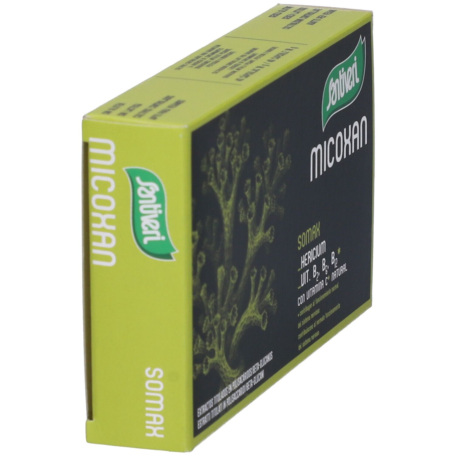 Scatola "Micoxan Somax" di Santiveri. Colori verde e nero. Contiene Hericium e vitamine.