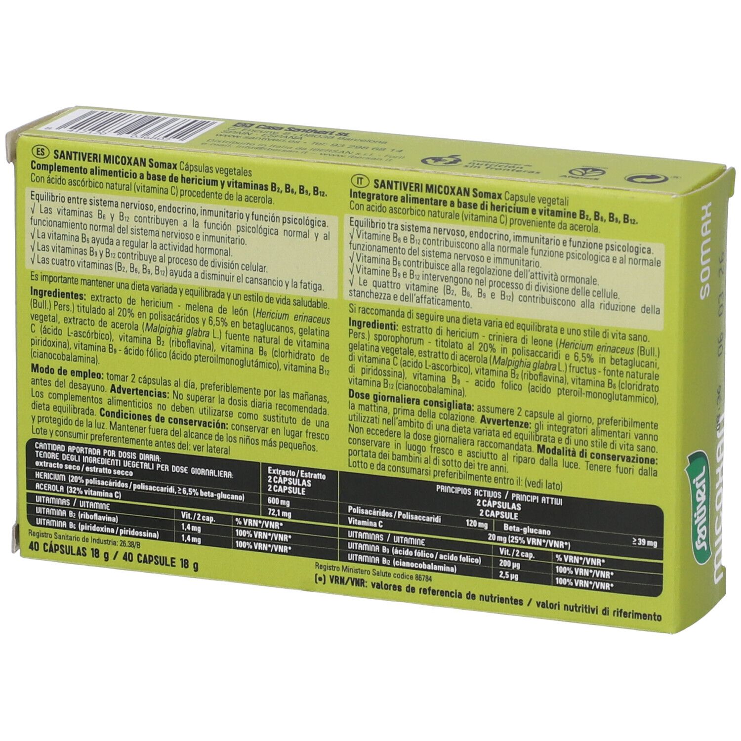 Retro della scatola "Micoxan Somax". Testo in tedesco e italiano. Informazioni sugli ingredienti.