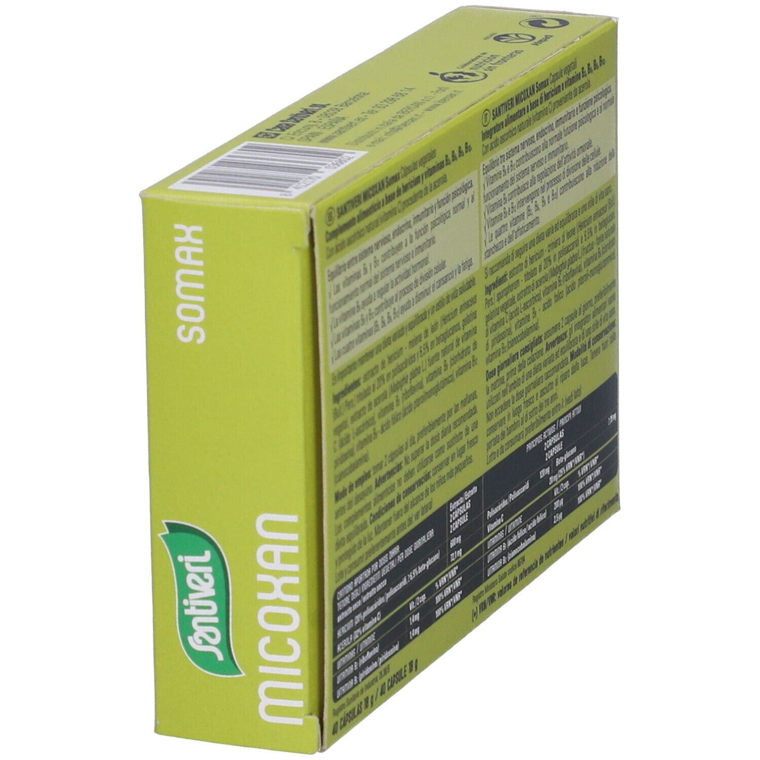 Scatola "Micoxan Somax". Colori verde e nero. Testo in italiano. Contiene informazioni.