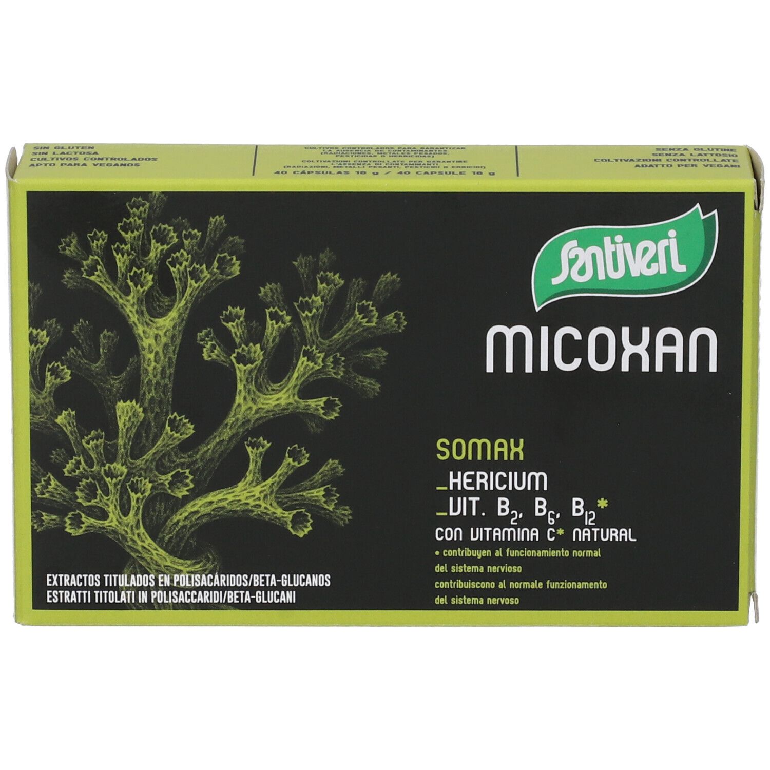 Scatola verde "Micoxan Somax" di Santiveri. Contiene Hericium, vitamine B e C. Sfondo nero.