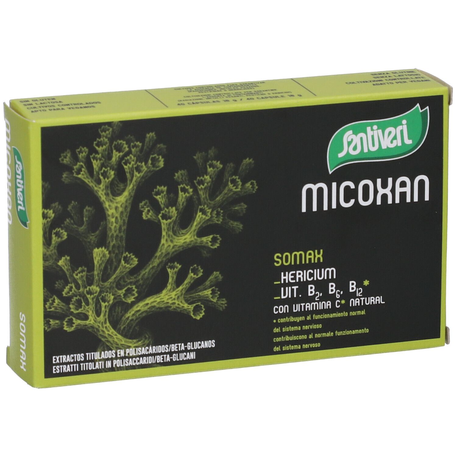 Scatola "Micoxan Somax" di Santiveri. Contiene Hericium, vitamine B e C. Sfondo nero.