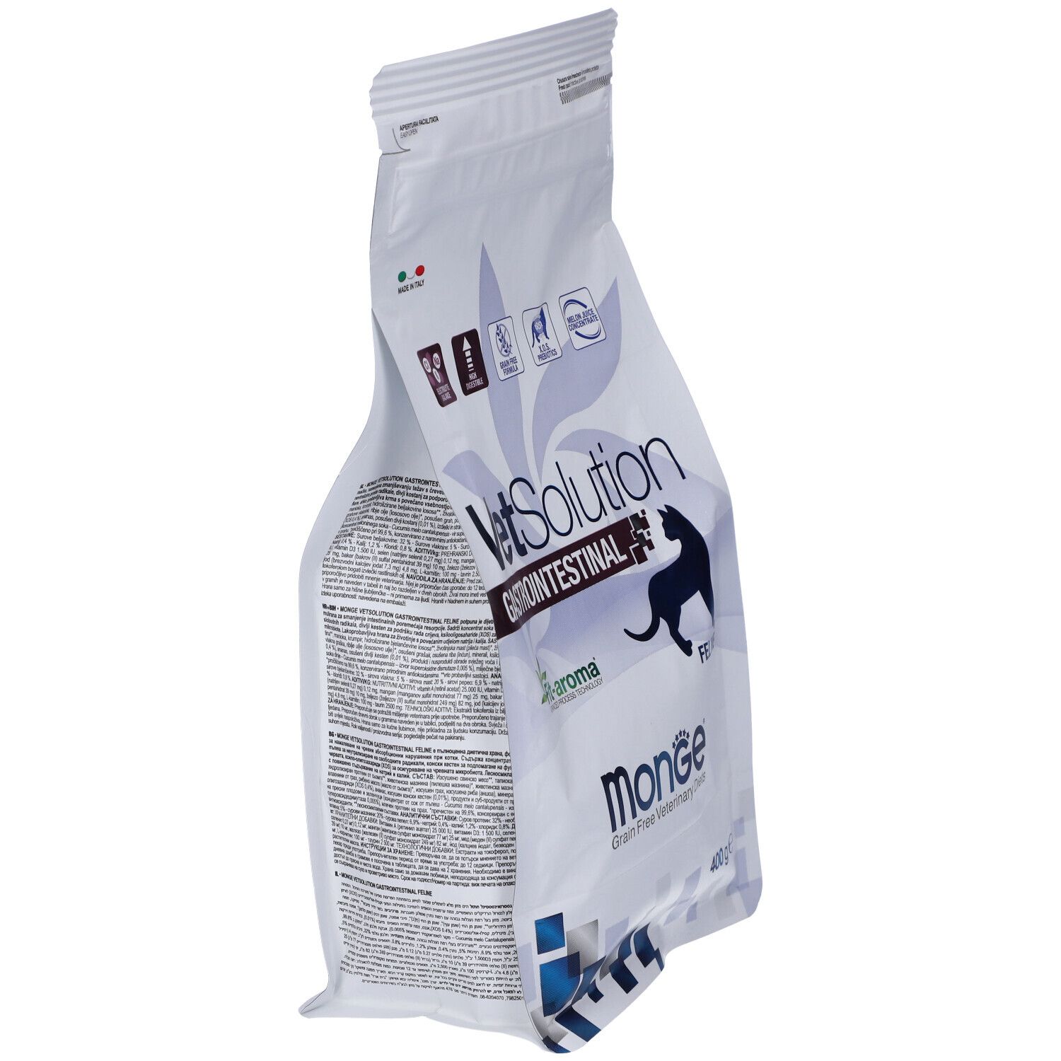 Vista laterale del sacchetto di cibo per gatti. Scritta: VetSolution Gastrointestinal Feline, Monge.