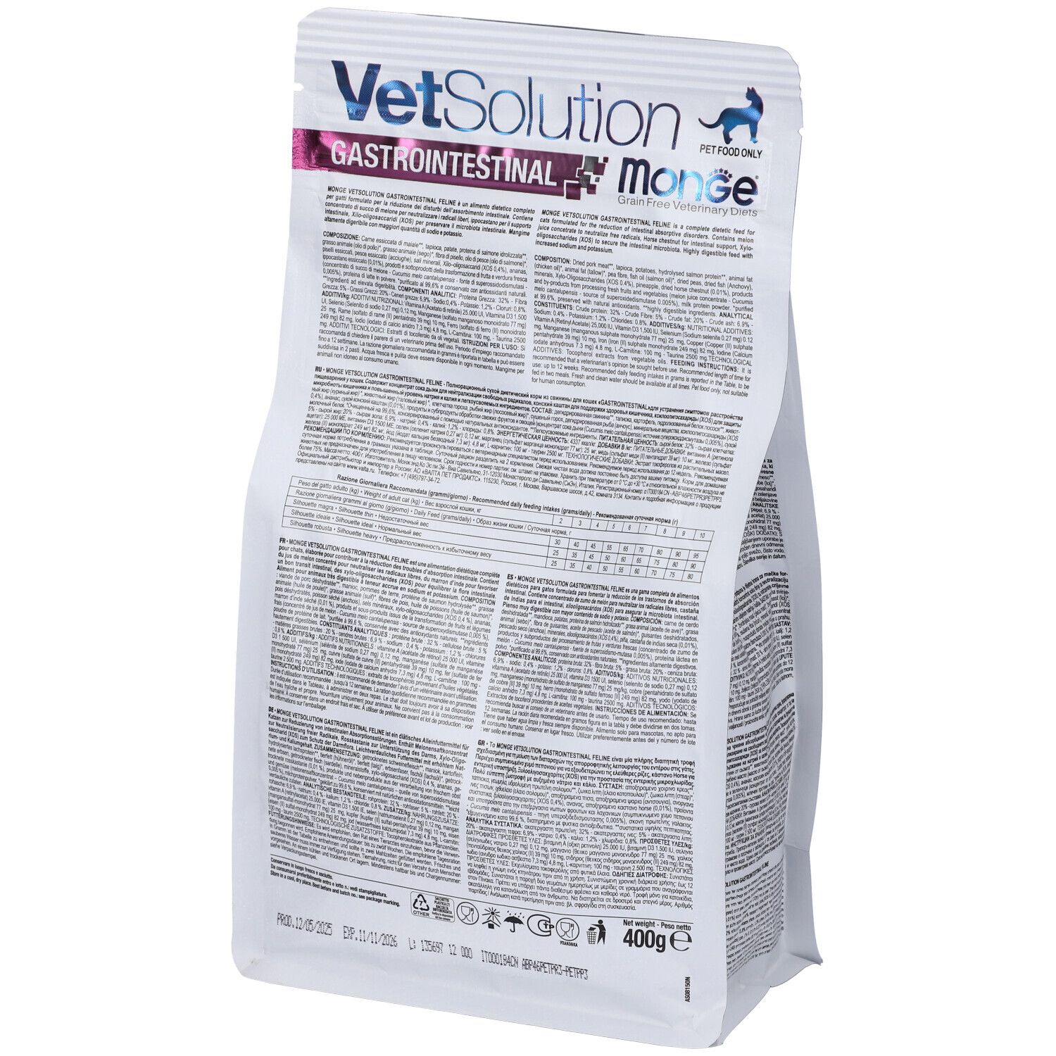 Retro del sacchetto di cibo per gatti. Testo e loghi. Scritta: VetSolution Gastrointestinal Feline, Monge, 400 g.