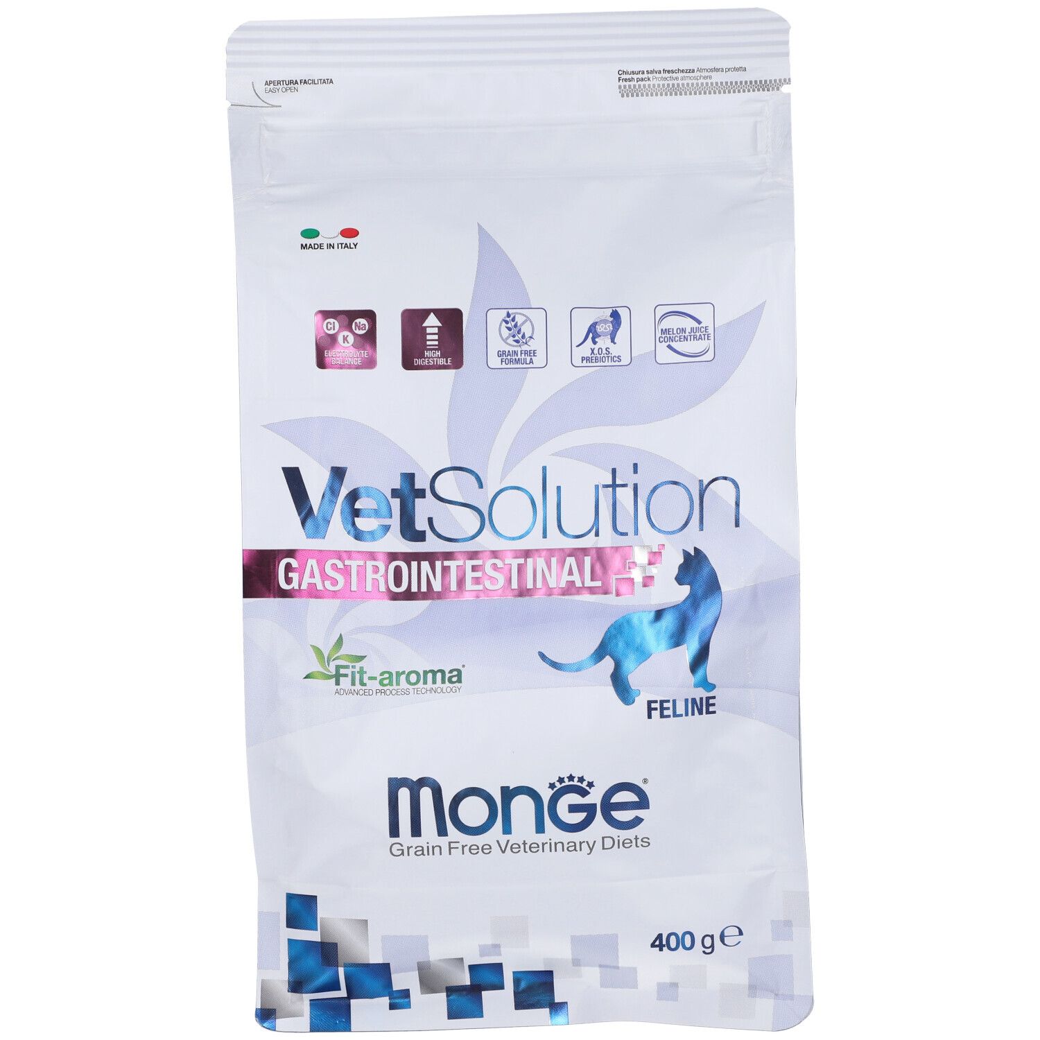 Sacchetto di cibo per gatti. Scritta: VetSolution Gastrointestinal Feline, Monge, 400 g.