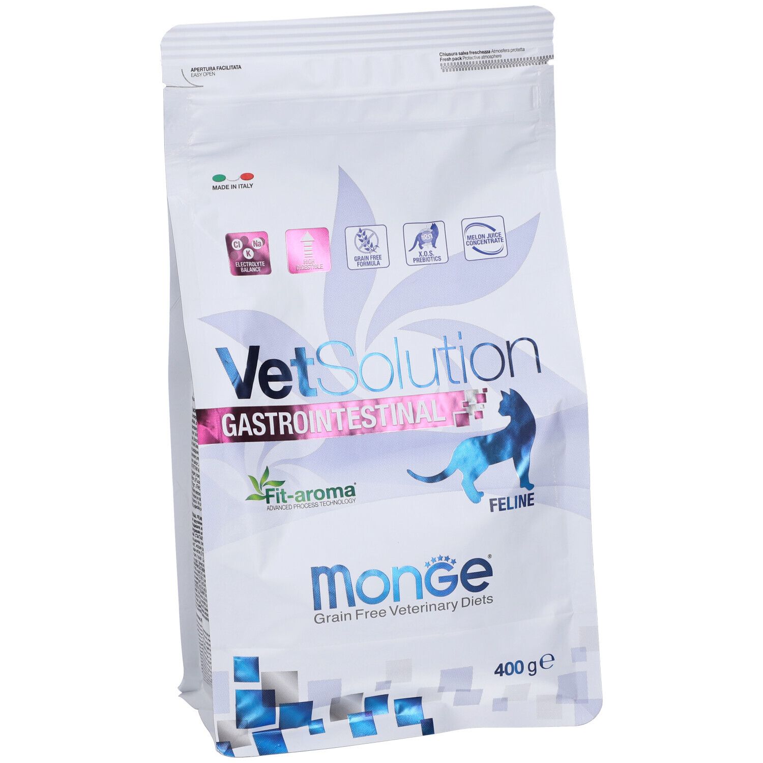 Sacchetto di cibo per gatti. Scritta: VetSolution Gastrointestinal Feline, Monge, 400 g.