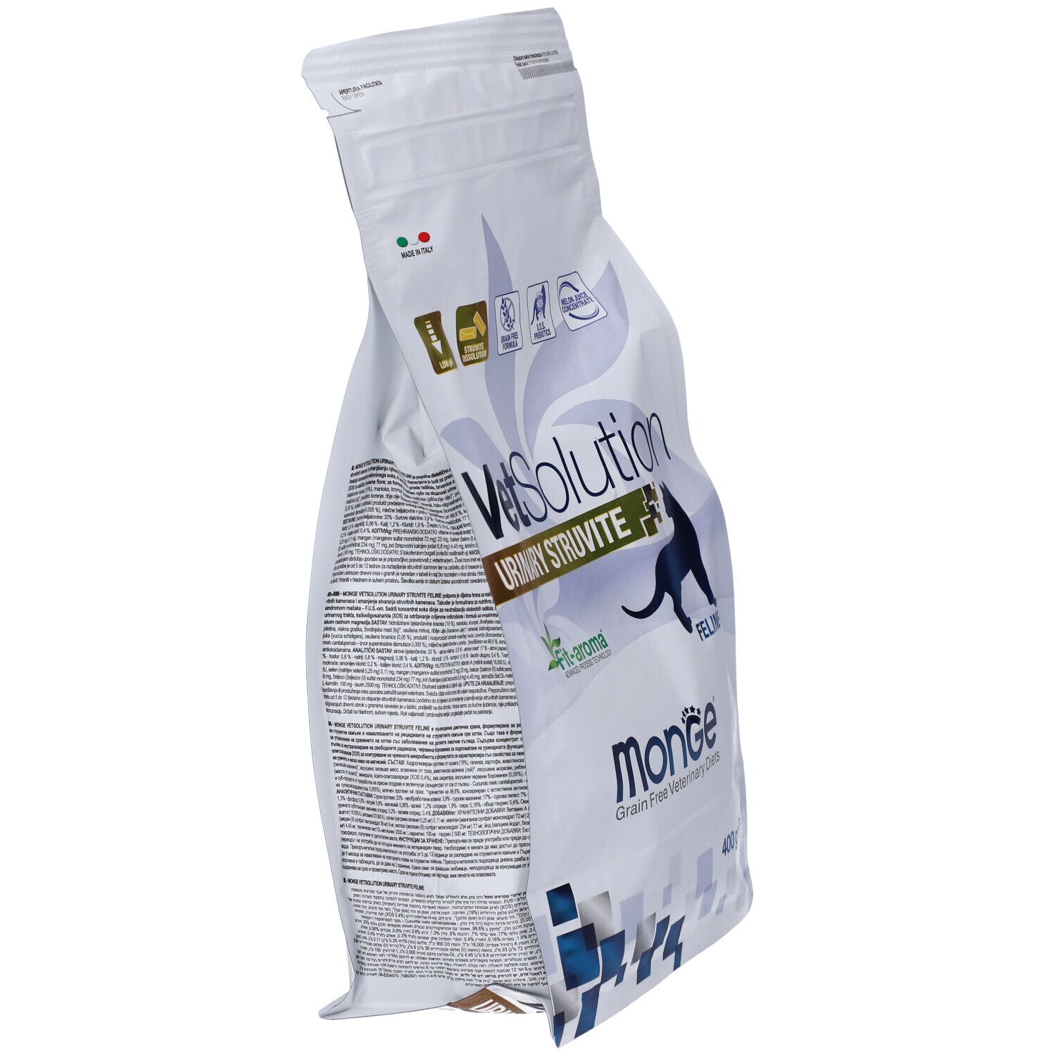 Monge VetSolution Urinary Struvite Feline Gatti. Vista laterale della confezione bianca con nome del prodotto e logo. Dettagli del testo.