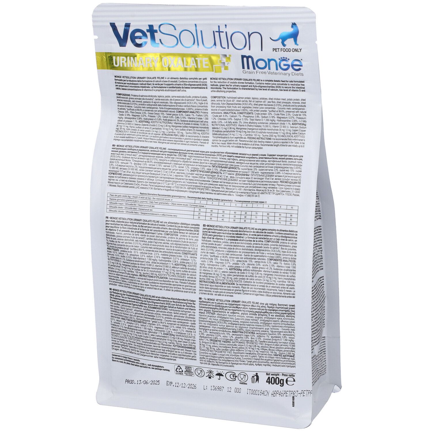 Retro del sacchetto con informazioni sul prodotto. Marchio VetSolution Urinary Oxalate Feline. Contiene testo e loghi.