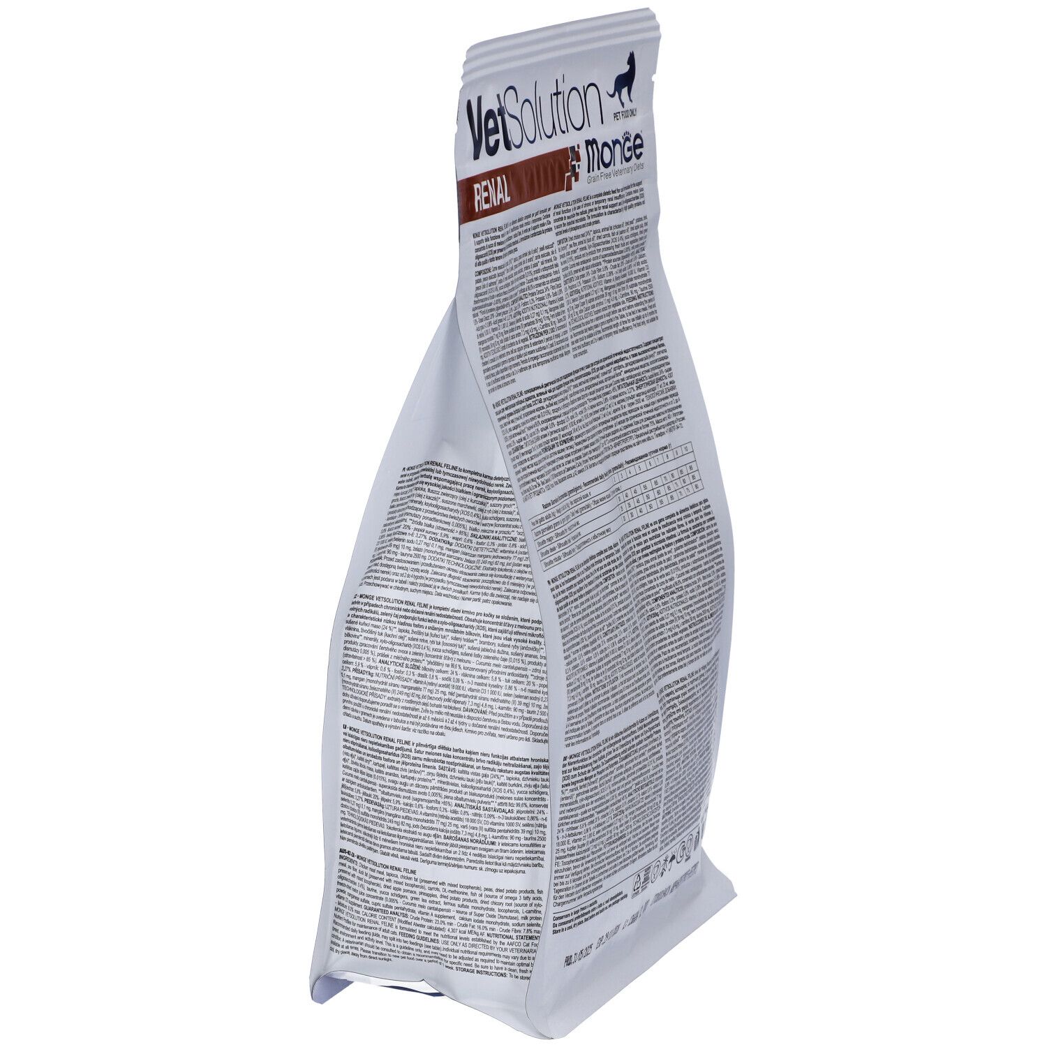 Vista obliqua del sacchetto di cibo per gatti. Scritta: VetSolution Renal, Monge.
