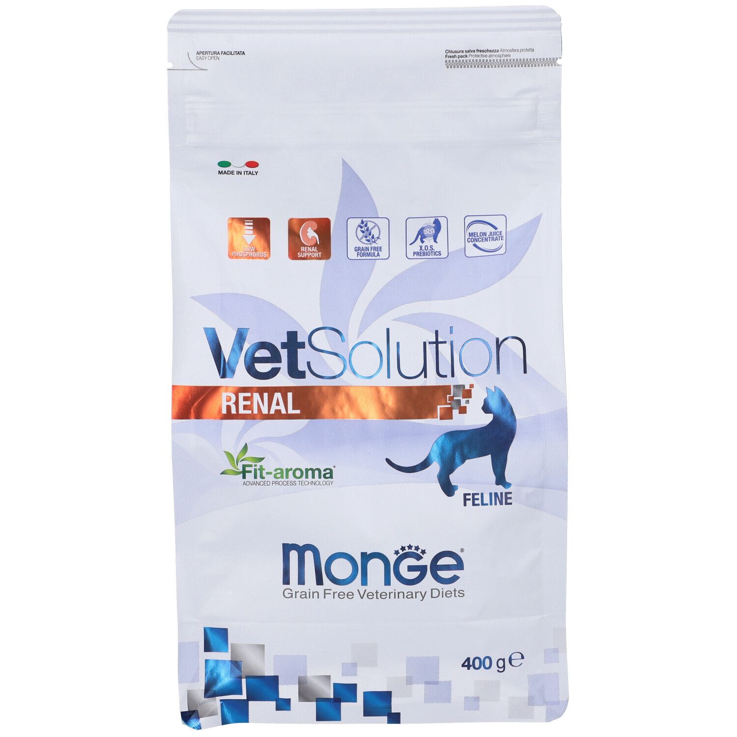 Sacchetto di cibo per gatti. Scritta: VetSolution Renal Feline, Monge, 400 g.