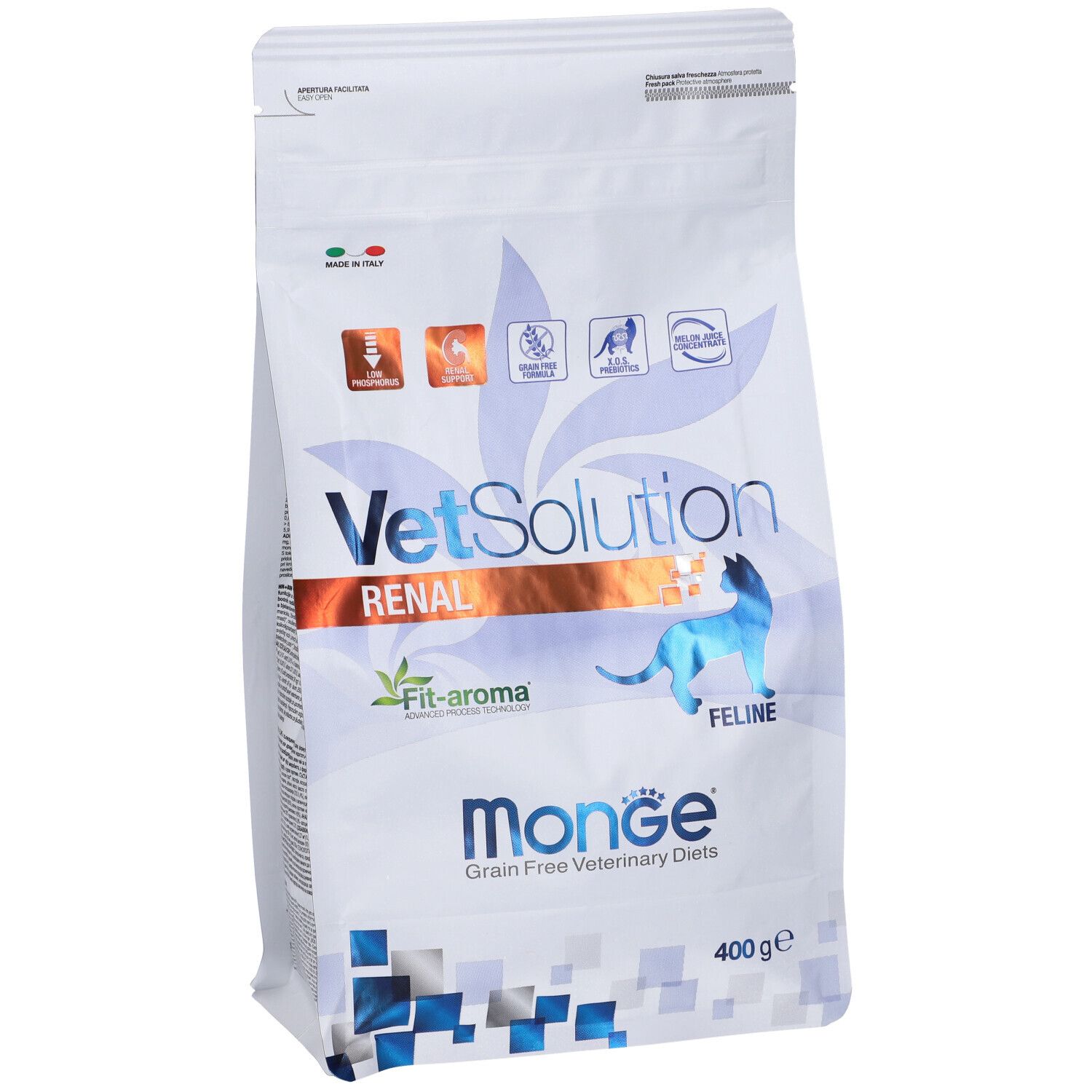 Sacchetto di cibo per gatti. Scritta: VetSolution Renal Feline, Monge, 400 g.