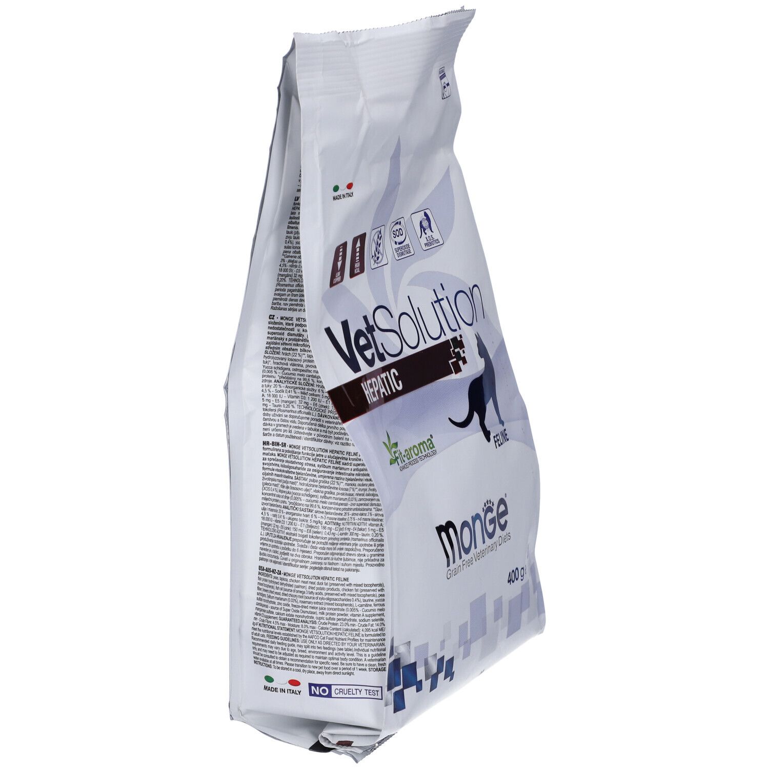 Sacchetto di cibo per gatti, obliquo. Scritta: VetSolution Hepatic Feline, Monge. Logo Fit-aroma. 400 g. Testo sul retro.