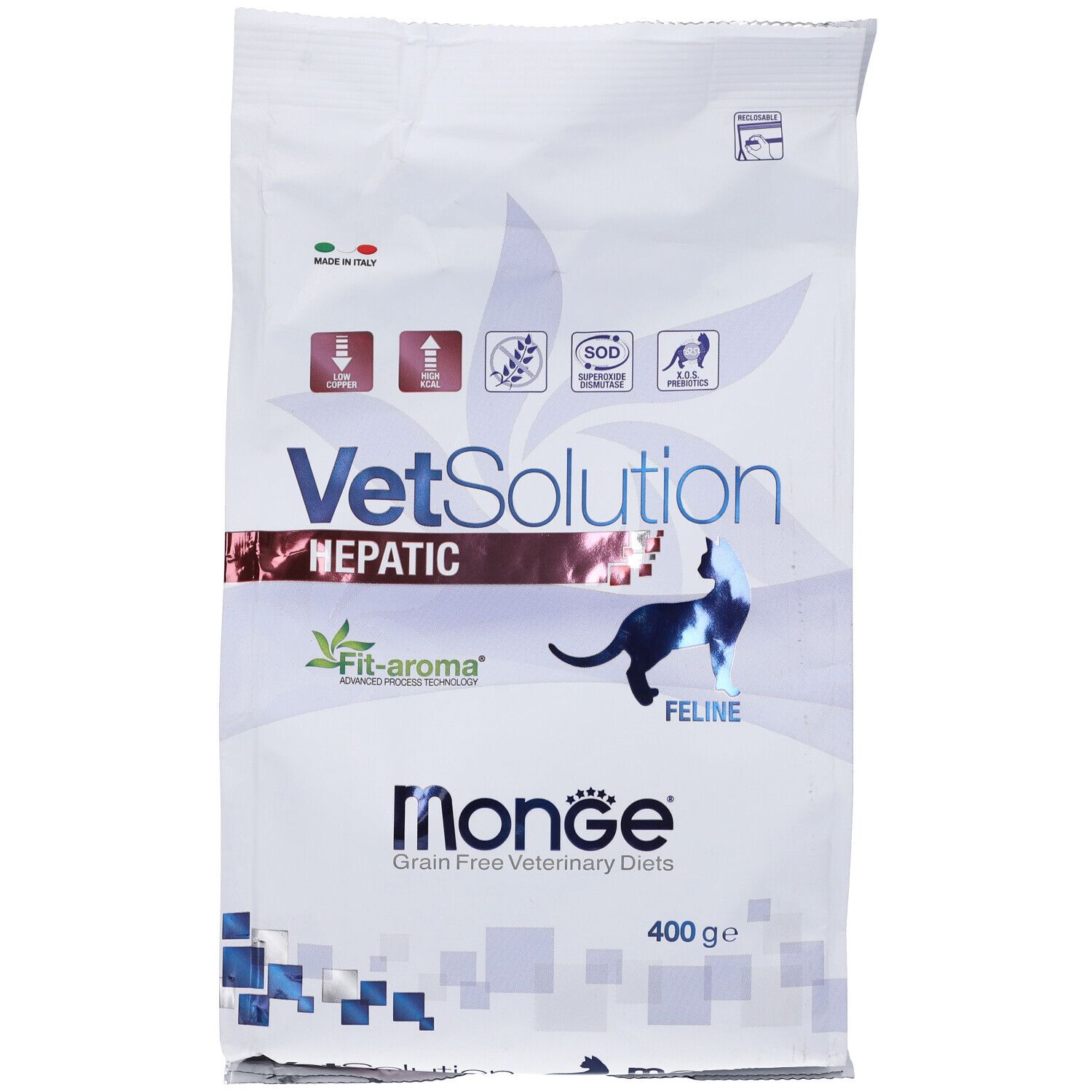 Sacchetto di cibo per gatti. Scritta: VetSolution Hepatic Feline, Monge. 400 g. Logo Fit-aroma. Immagine di un gatto.