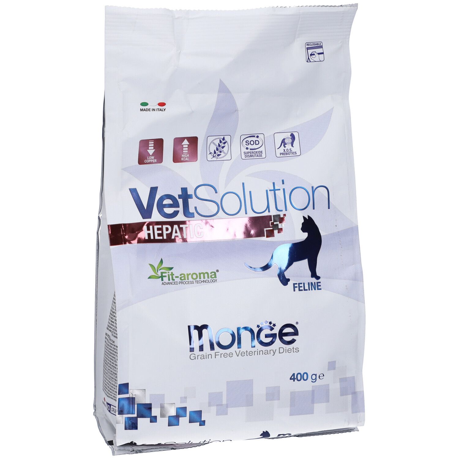 Sacchetto di cibo per gatti. Scritta: VetSolution Hepatic Feline, Monge. 400 g. Logo Fit-aroma. Immagine di un gatto.