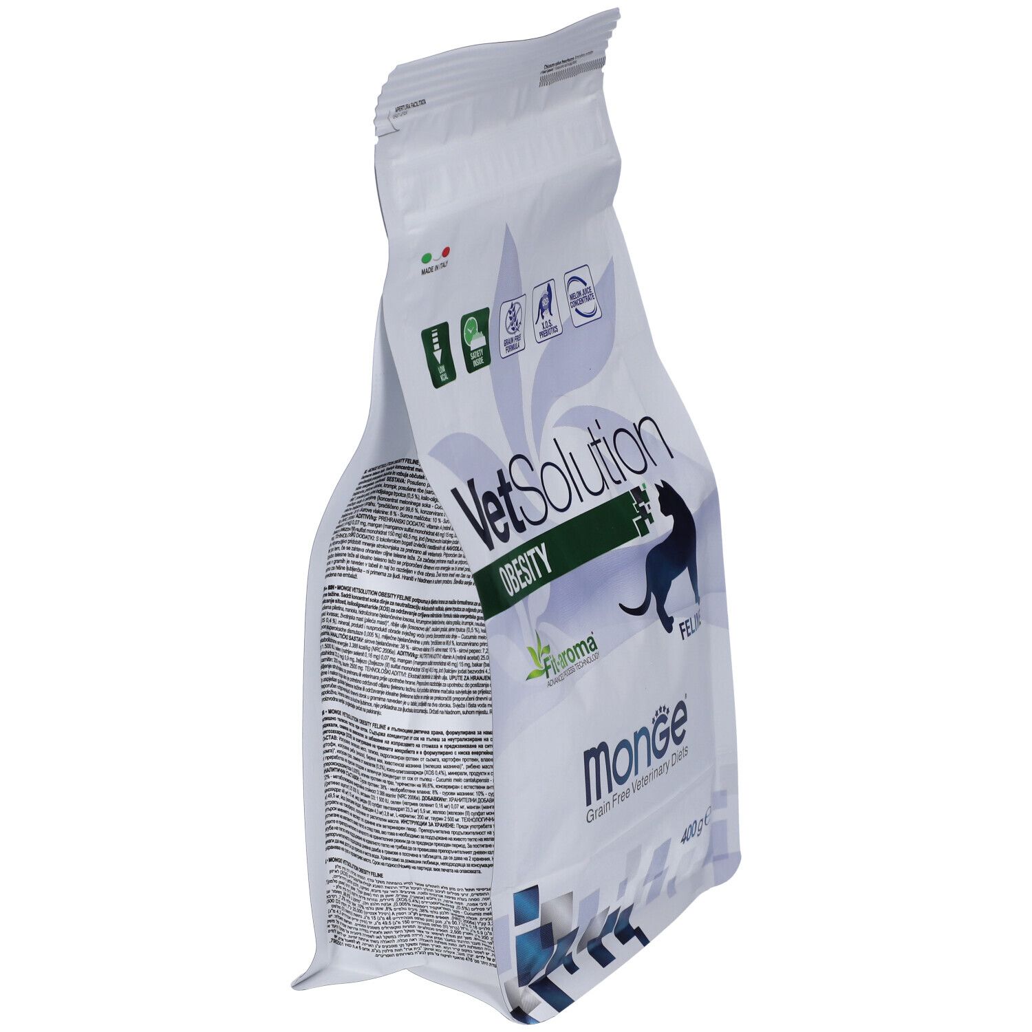 Vista laterale del sacchetto di cibo per gatti Monge VetSolution Obesity. Testo e loghi visibili. 400g.