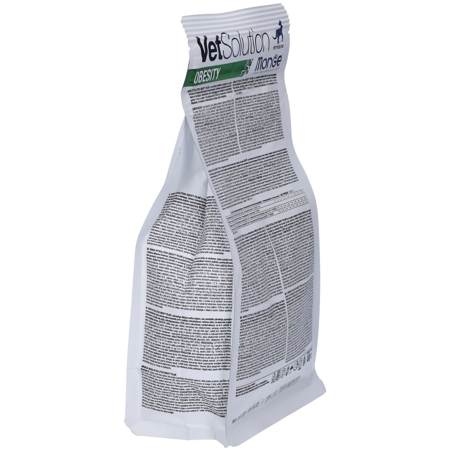 Vista laterale del sacchetto di cibo per gatti Monge VetSolution Obesity. Testo e loghi. 400g.