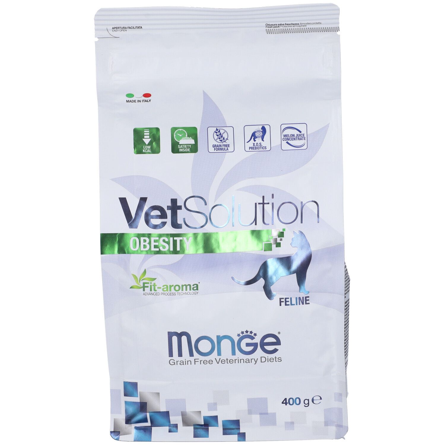 Sacchetto di cibo per gatti Monge VetSolution Obesity. Loghi, testo e sagoma di gatto. 400g.