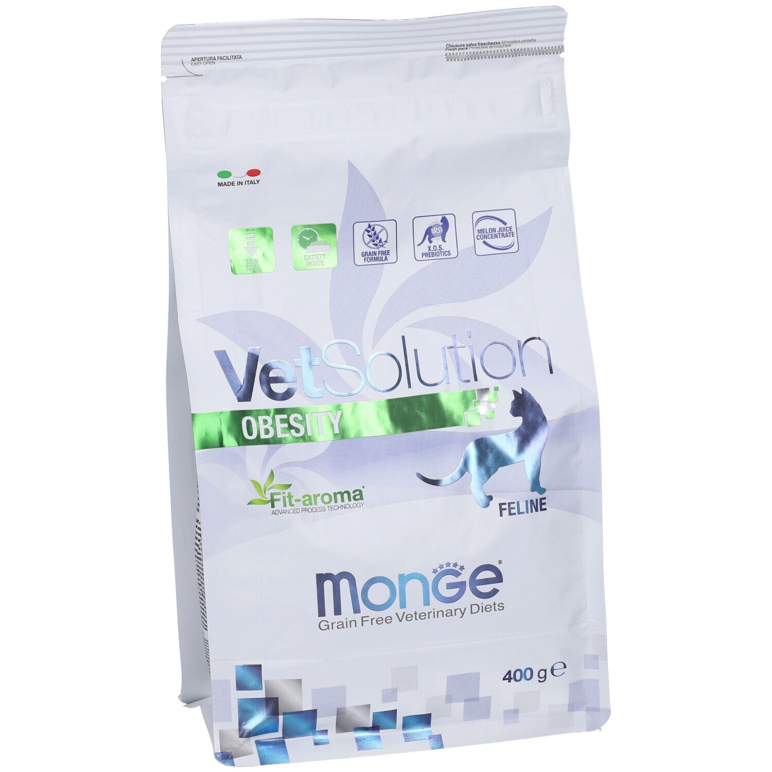 Sacchetto di cibo per gatti Monge VetSolution Obesity. Loghi, testo e sagoma di gatto. 400g.