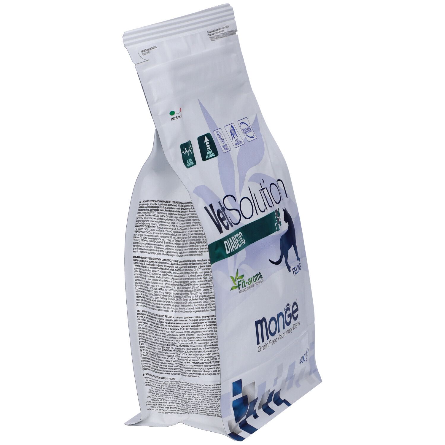 Sacchetto di cibo per gatti inclinato. Scritta: VetSolution Diabetic Feline, Monge, 400 g.