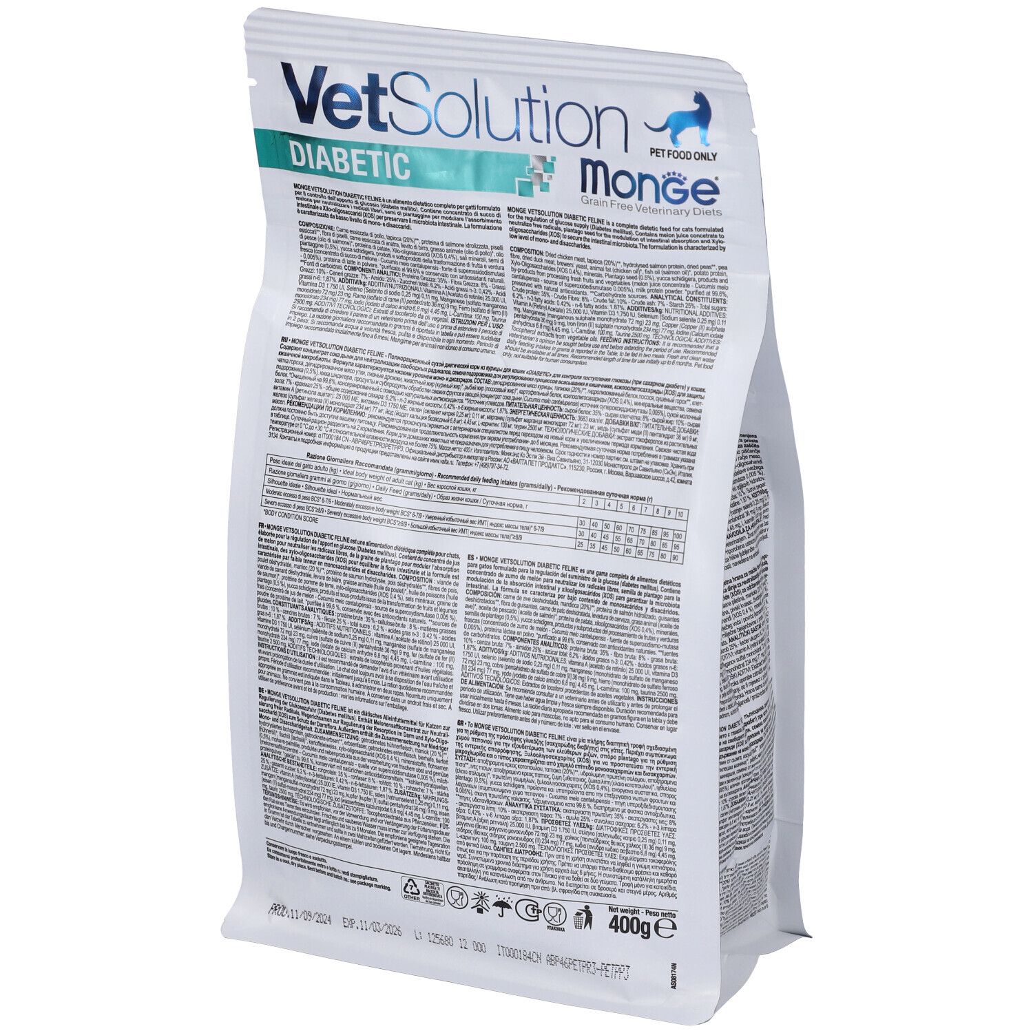 Retro del sacchetto di cibo per gatti. Scritta: VetSolution Diabetic, Monge, 400 g.