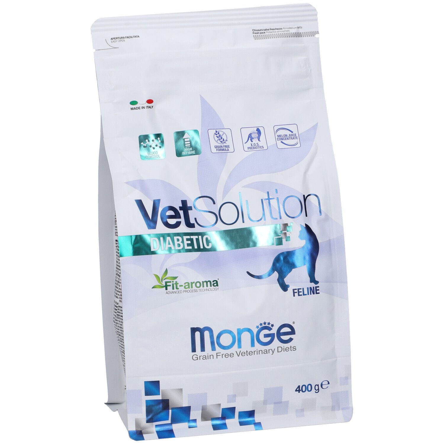 Sacchetto di cibo per gatti. Scritta: VetSolution Diabetic Feline, Monge, 400 g.