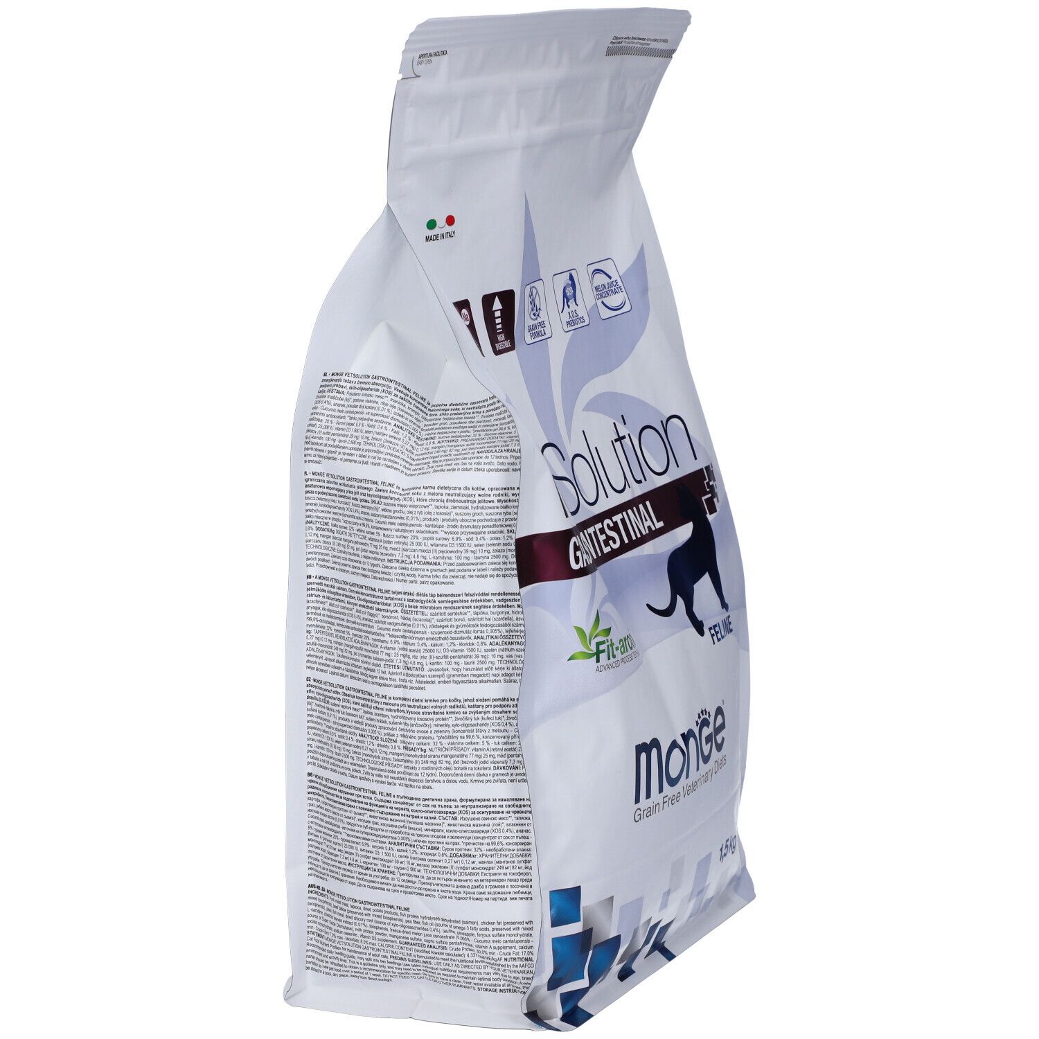 Vista laterale di un sacco di cibo Monge VetSolution GASTROINTESTINAL FELINE 1,5kg. Confezione bianca con scritte blu e motivo a gatto.