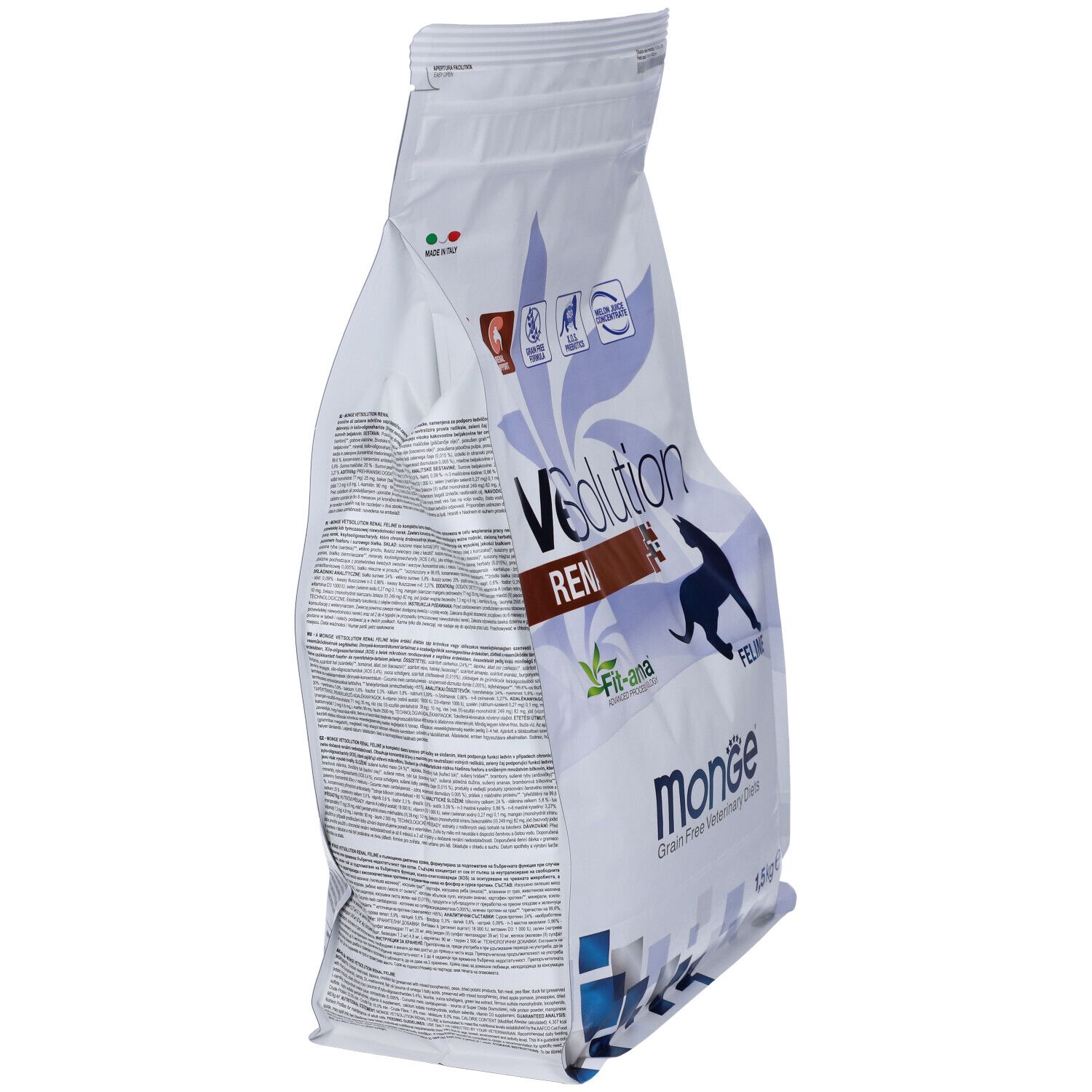 Vista laterale del sacchetto Monge VetSolution Renal per gatti. Scritte: VetSolution, Renal, Fit-aroma, Monge, Feline.