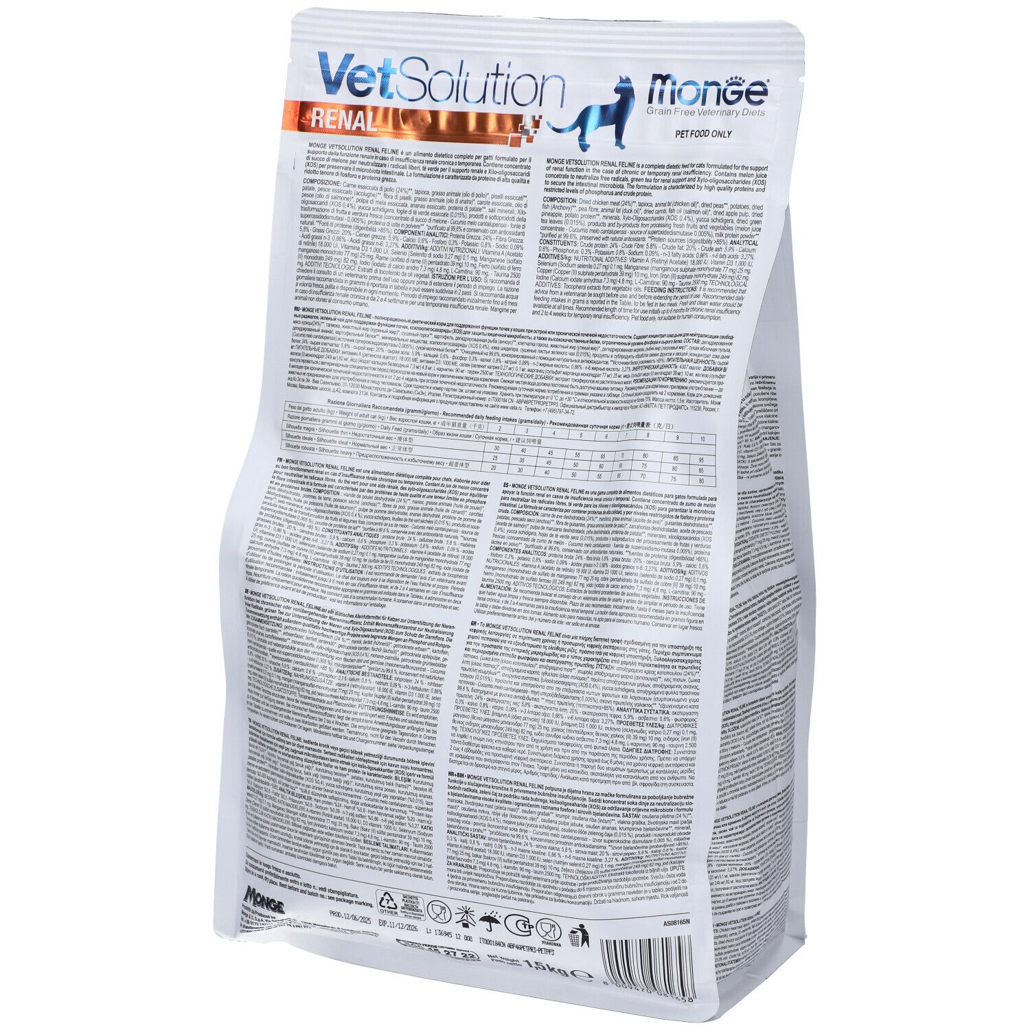 Retro del sacchetto Monge VetSolution Renal per gatti. Informazioni testuali e loghi.