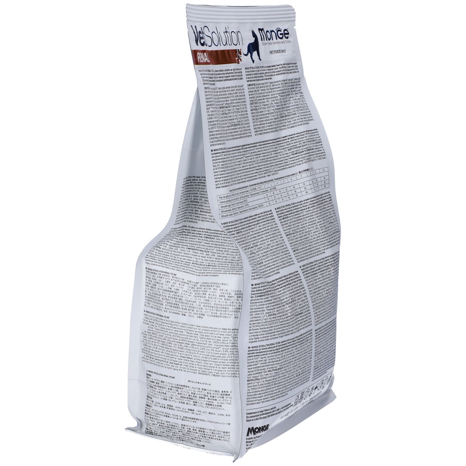 Vista obliqua del retro del sacchetto Monge VetSolution Renal per gatti. Informazioni testuali.