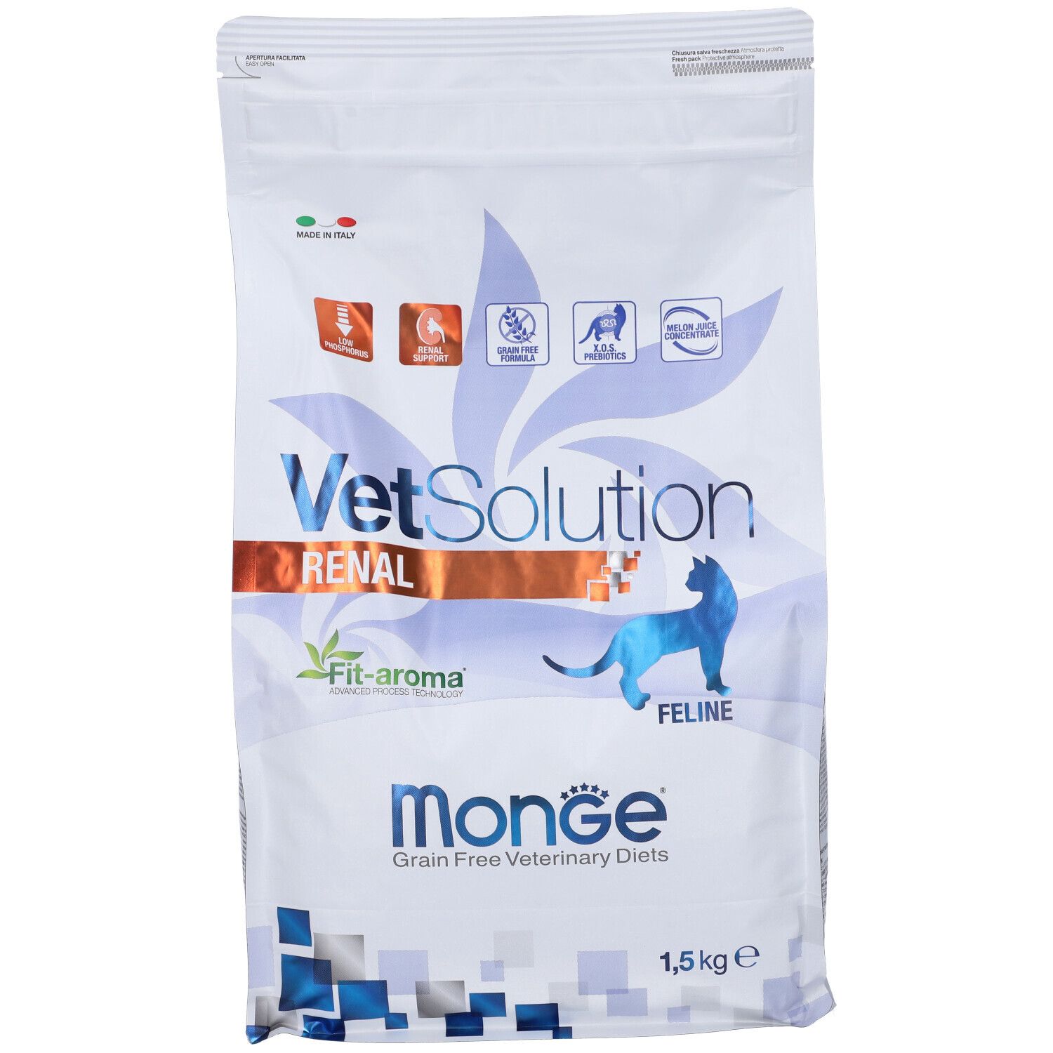 Sacchetto Monge VetSolution Renal per gatti, 1,5 kg. Scritte: VetSolution, Renal, Fit-aroma, Monge, Feline.