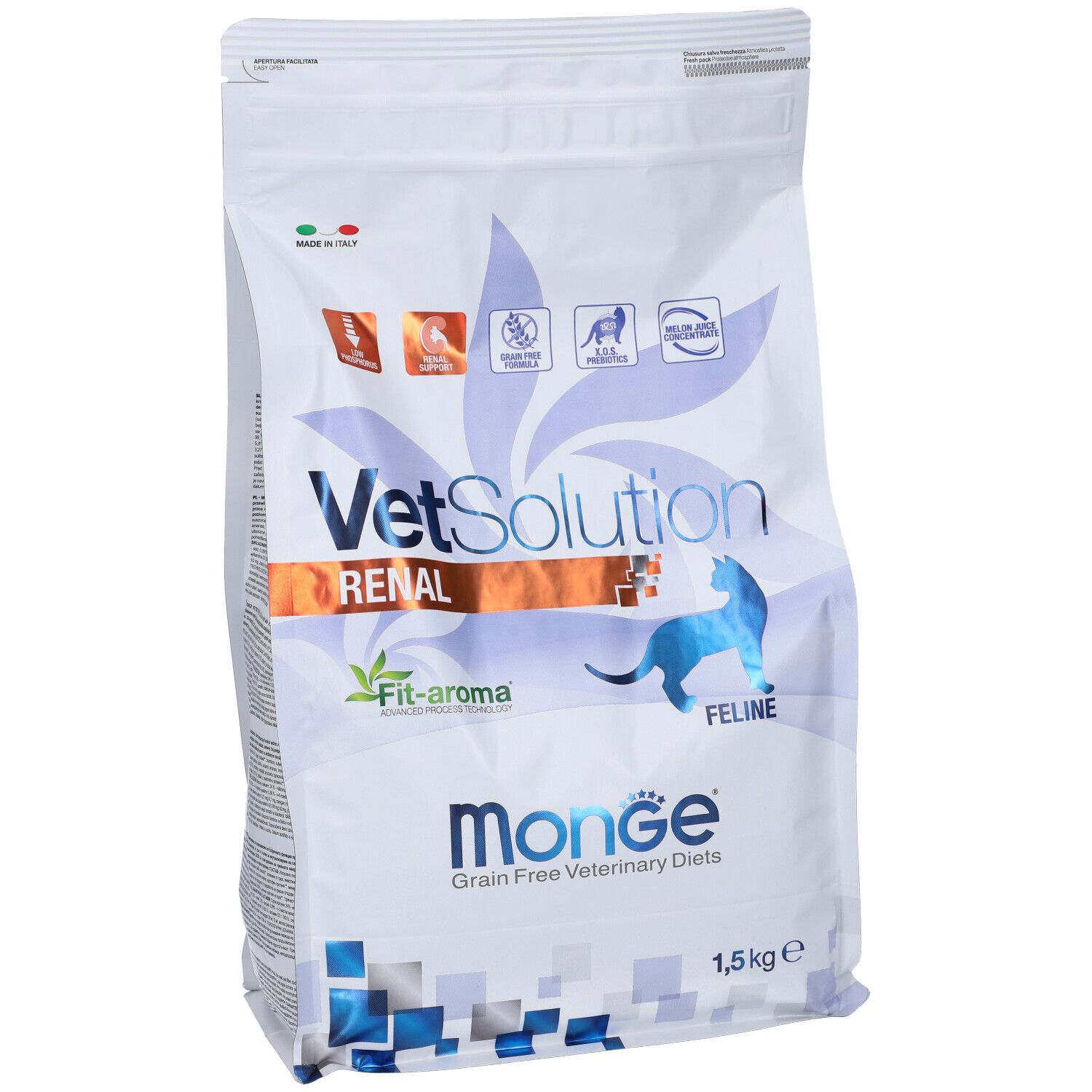 Sacchetto Monge VetSolution Renal per gatti, 1,5 kg. Scritte: VetSolution, Renal, Fit-aroma, Monge, Feline.