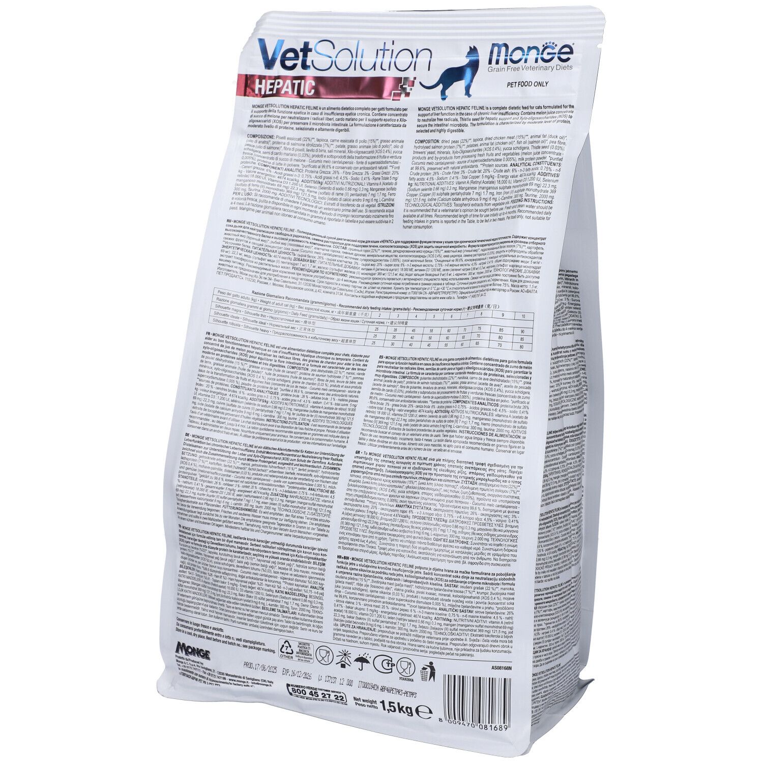 Retro del sacchetto di cibo per gatti. Testo con informazioni sul prodotto e valori nutrizionali. Scritta: VetSolution Hepatic, Monge.