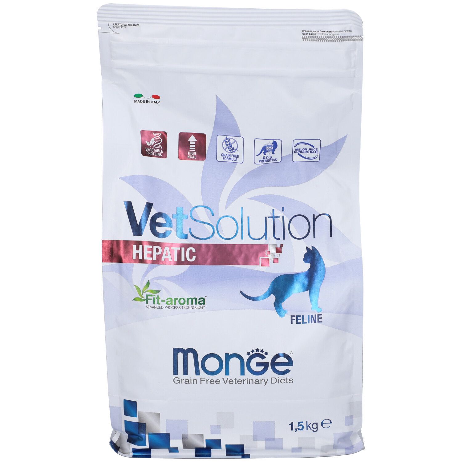 Sacchetto di cibo per gatti. Scritta: VetSolution Hepatic, Monge, 1,5 kg e. Illustrazione di un gatto. Loghi.