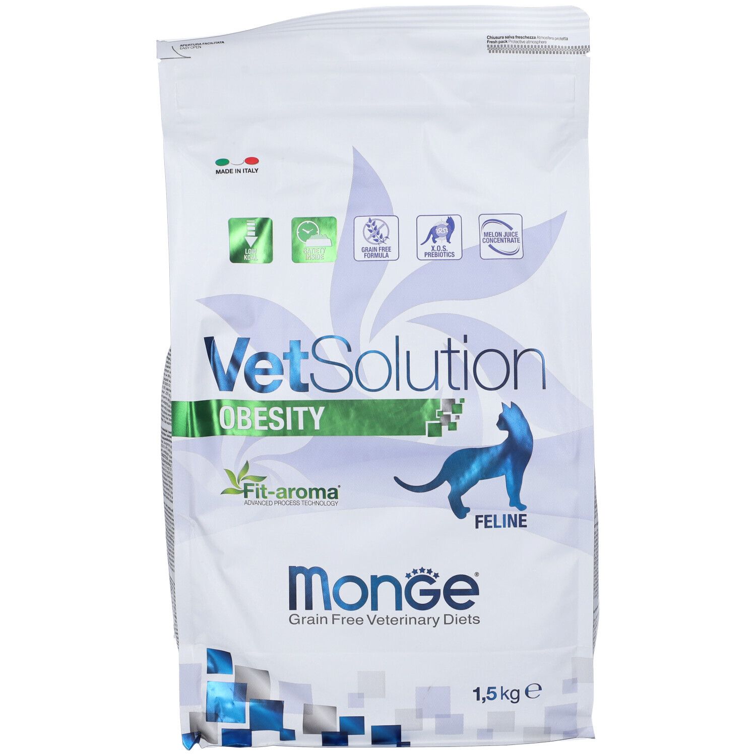Sacco bianco con 'VetSolution Obesity' e 'Monge'. Contiene 1,5 kg di cibo per gatti. Gatto blu. Loghi.