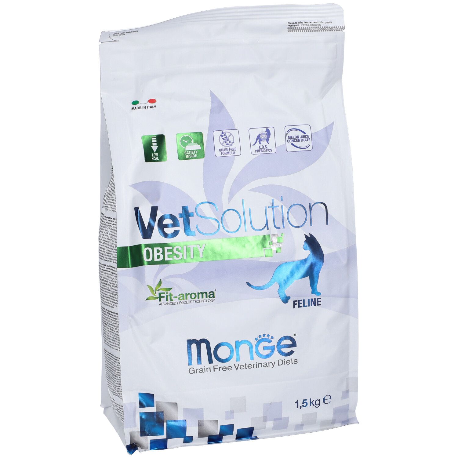 Sacco bianco con 'VetSolution Obesity' e 'Monge'. Contiene 1,5 kg di cibo per gatti. Gatto blu. Loghi.