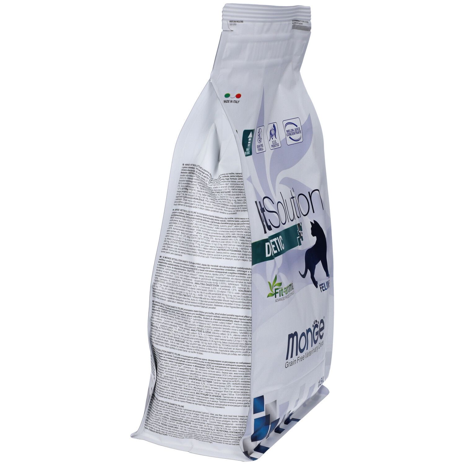 Sacchetto di cibo per gatti Monge VetSolution Diabetic, obliquo. Scritta: VetSolution Diabetic, Monge. Sagoma di gatto blu.