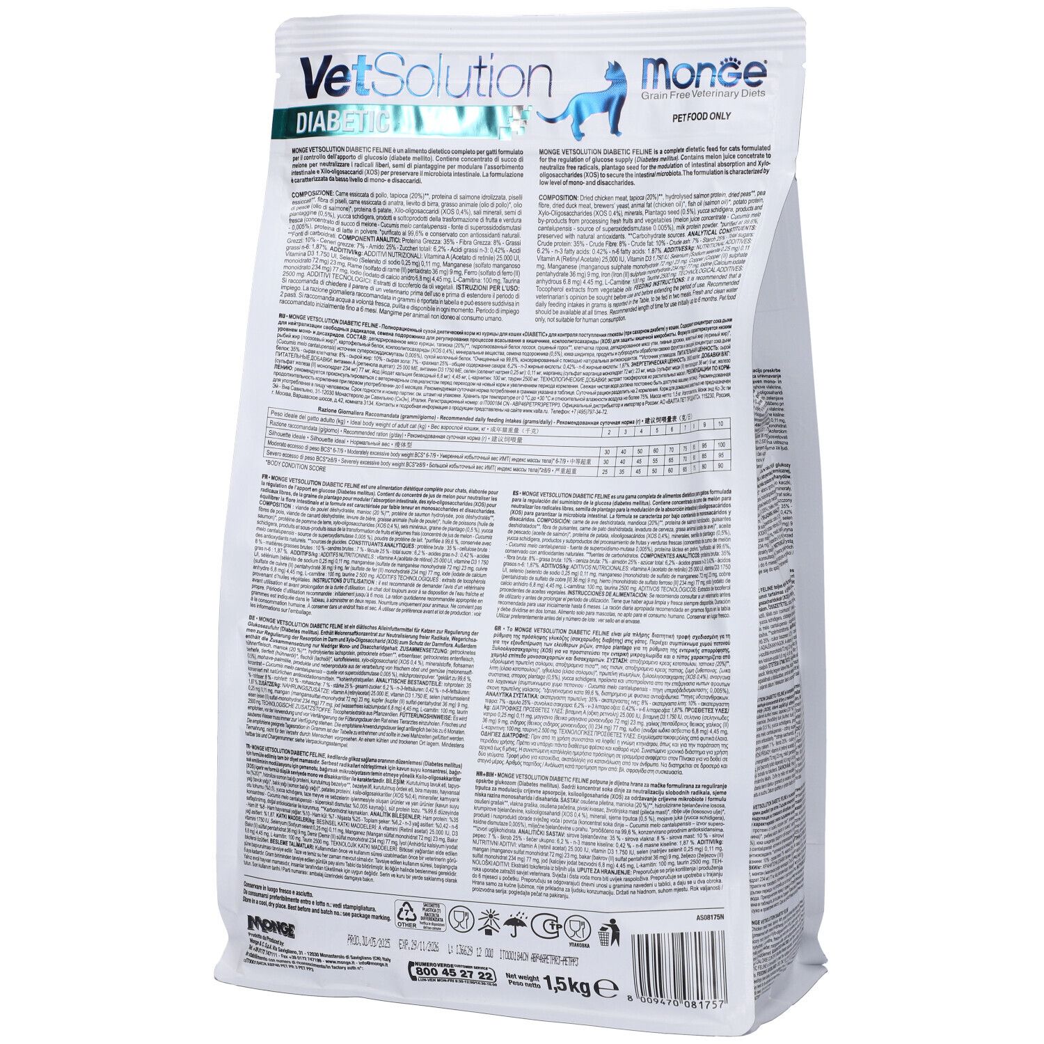 Retro del sacchetto di cibo per gatti Monge VetSolution Diabetic. Testo multilingue. Scritta: 1,5 kg.