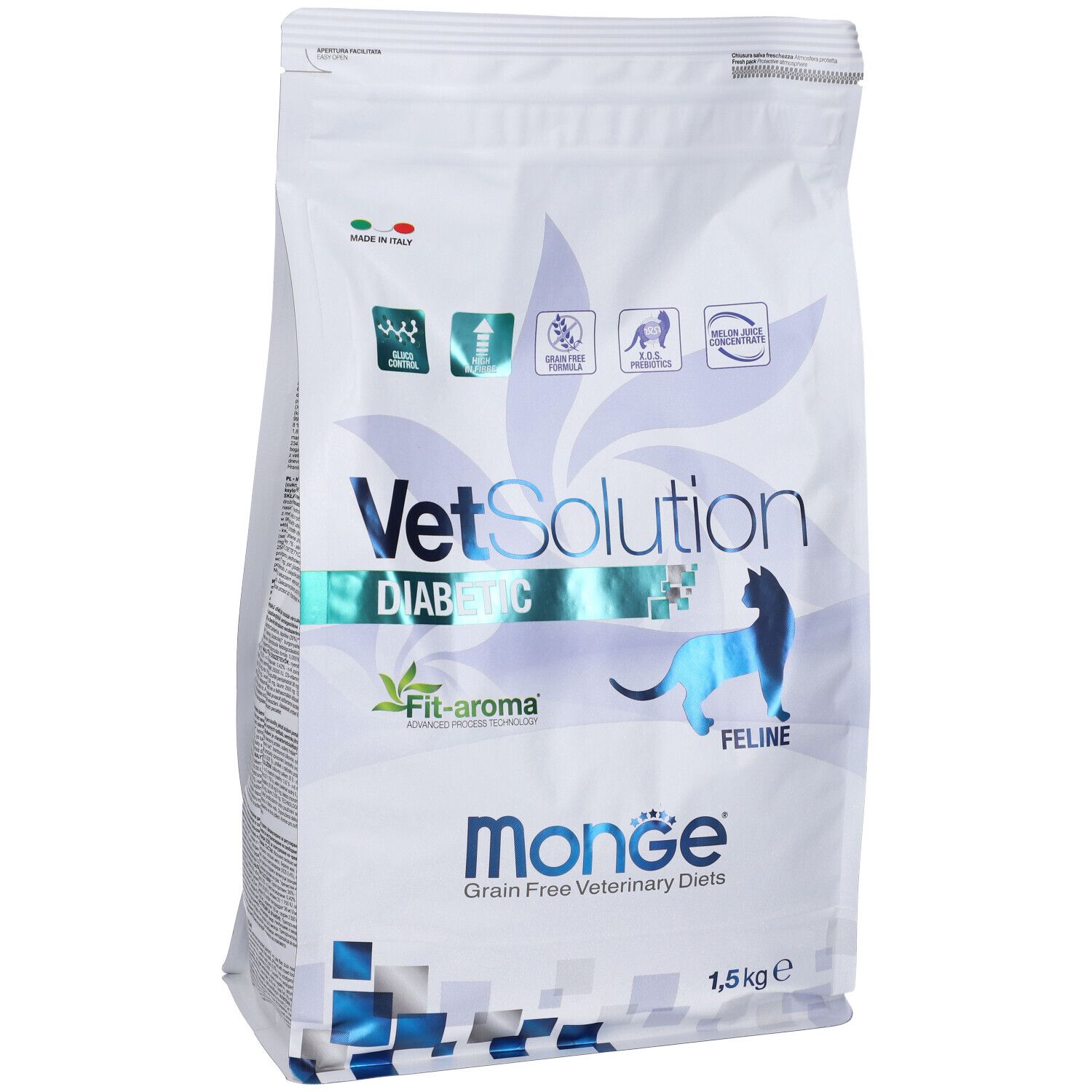 Sacchetto di cibo per gatti Monge VetSolution Diabetic. Scritta: VetSolution Diabetic, Monge, 1,5 kg. Sagoma di gatto blu.