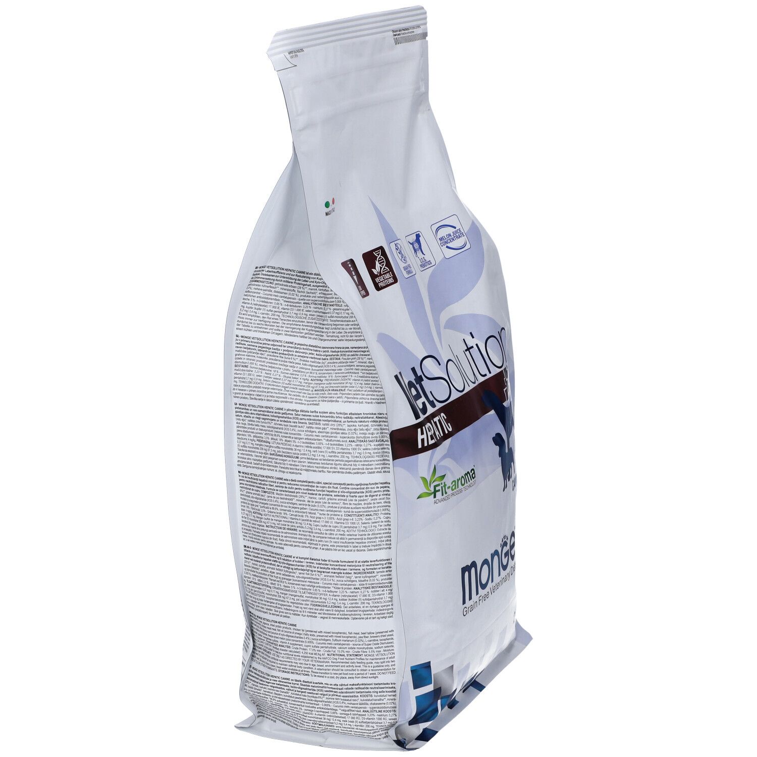 Vista laterale del sacchetto di cibo per cani Monge Vetsolution Hepatic. Bianco, con testo e loghi. 2 kg. Dettagli dell'imballaggio.