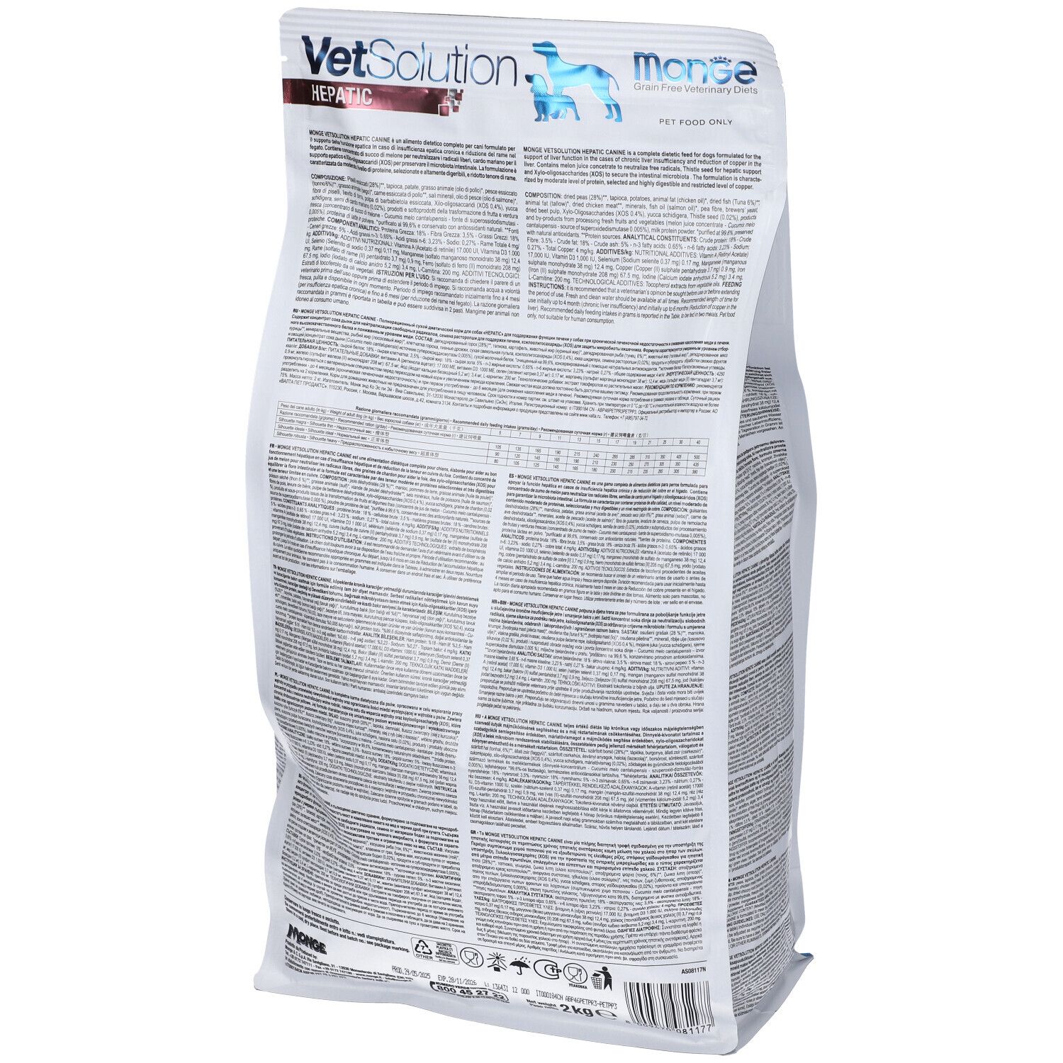 Retro del sacchetto di cibo per cani Monge Vetsolution Hepatic. Bianco, con testo. 2 kg. Informazioni sul prodotto e valori nutrizionali.