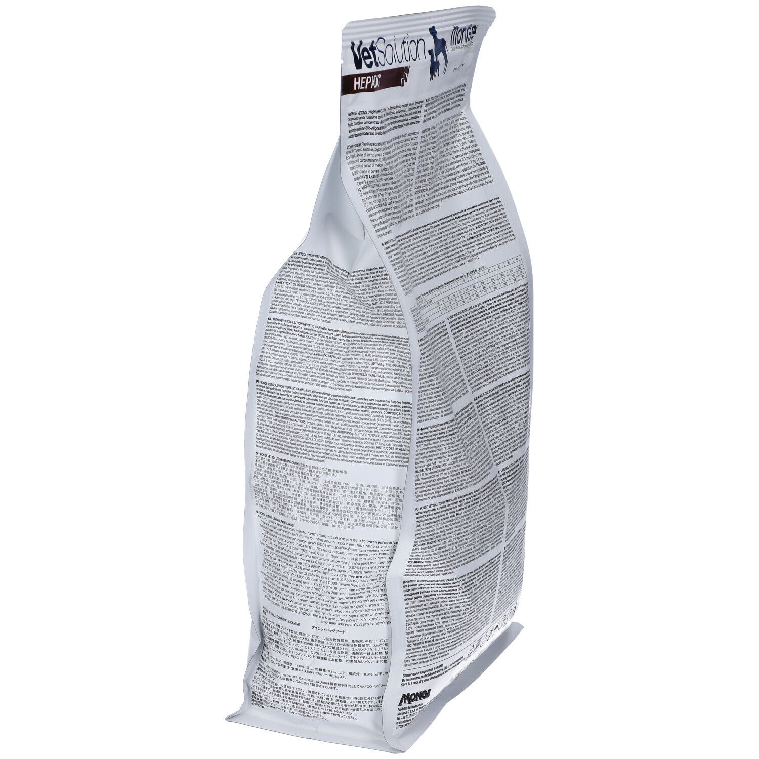 Vista laterale del sacchetto di cibo per cani Monge Vetsolution Hepatic. Bianco, con testo. 2 kg. Dettagli dell'imballaggio e informazioni.