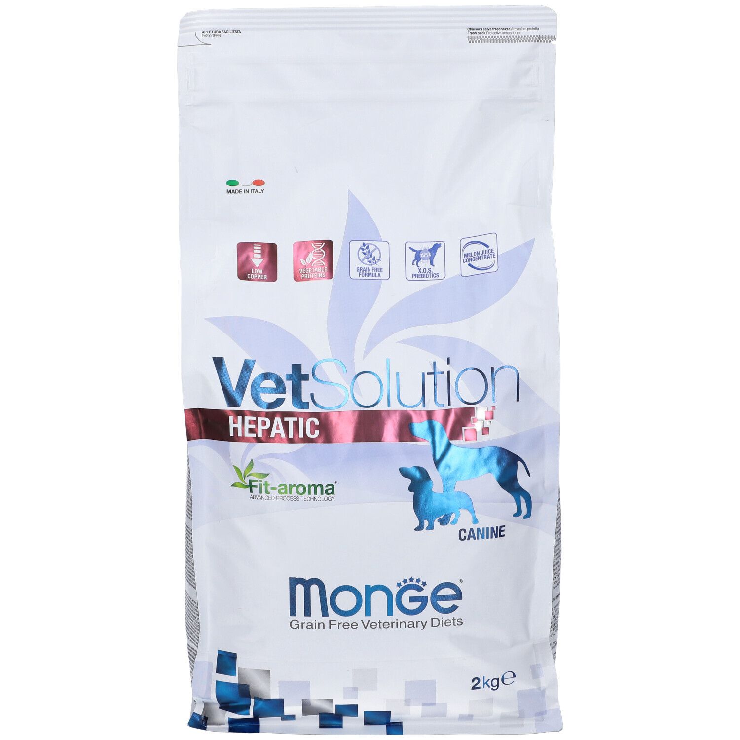 Sacchetto di cibo per cani Monge Vetsolution Hepatic. Bianco, con stampe. 2 kg. Logo, nome del prodotto e informazioni.
