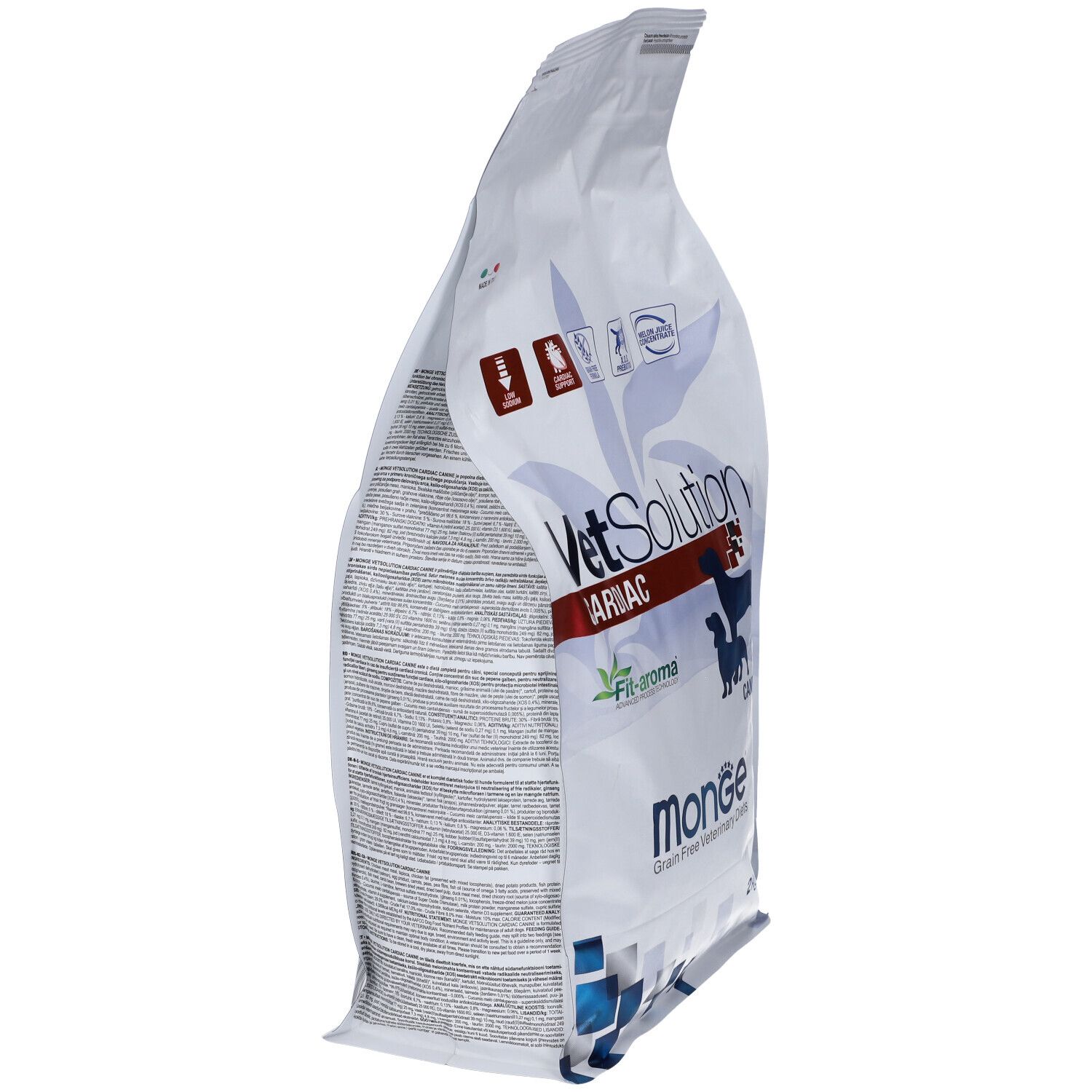 Sacchetto bianco, vista laterale. Scritta: VetSolution Cardiac, Monge. Testo. Illustrazione: cane.