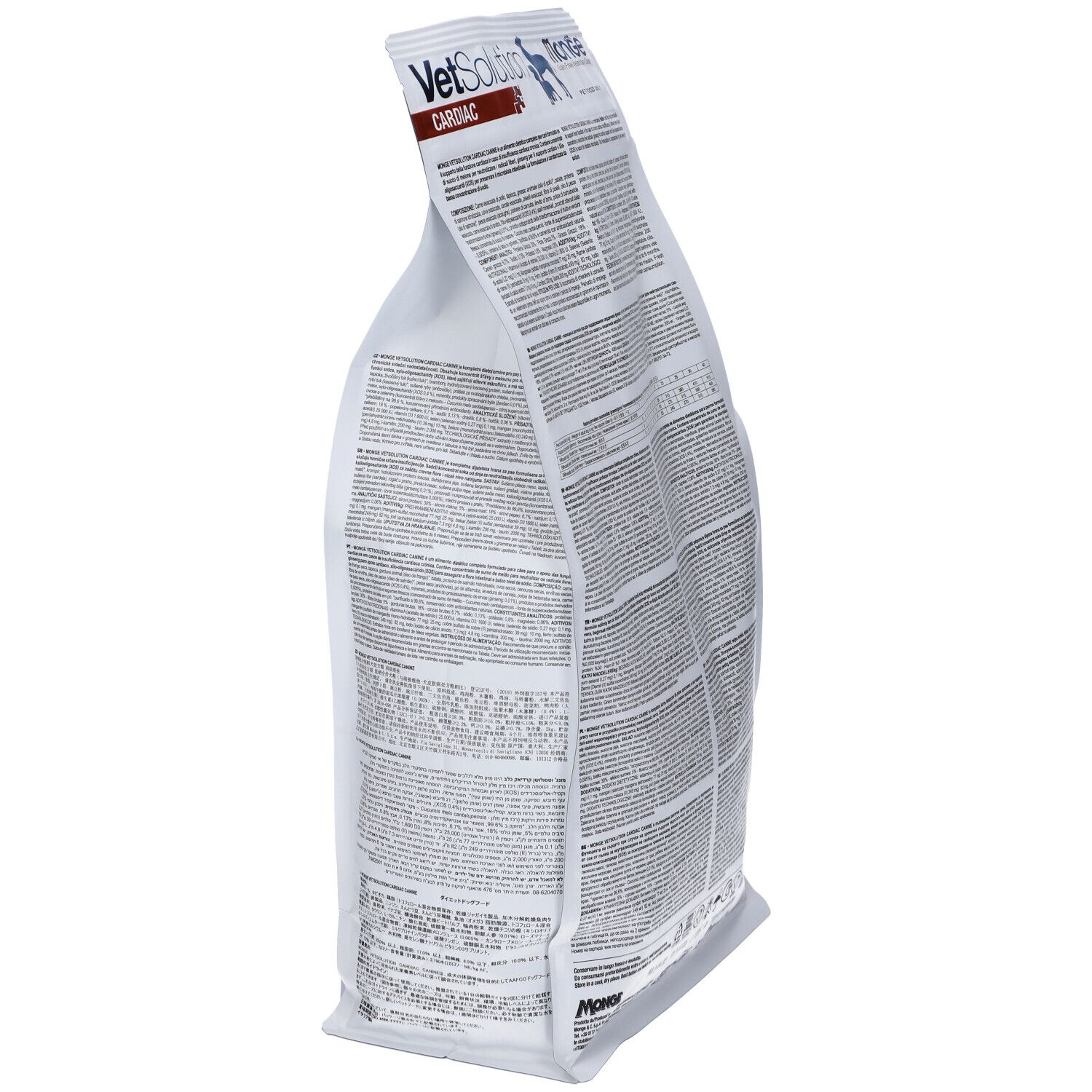 Vista obliqua di un sacchetto bianco. Scritta: VetSolution Cardiac, Monge. Testo.