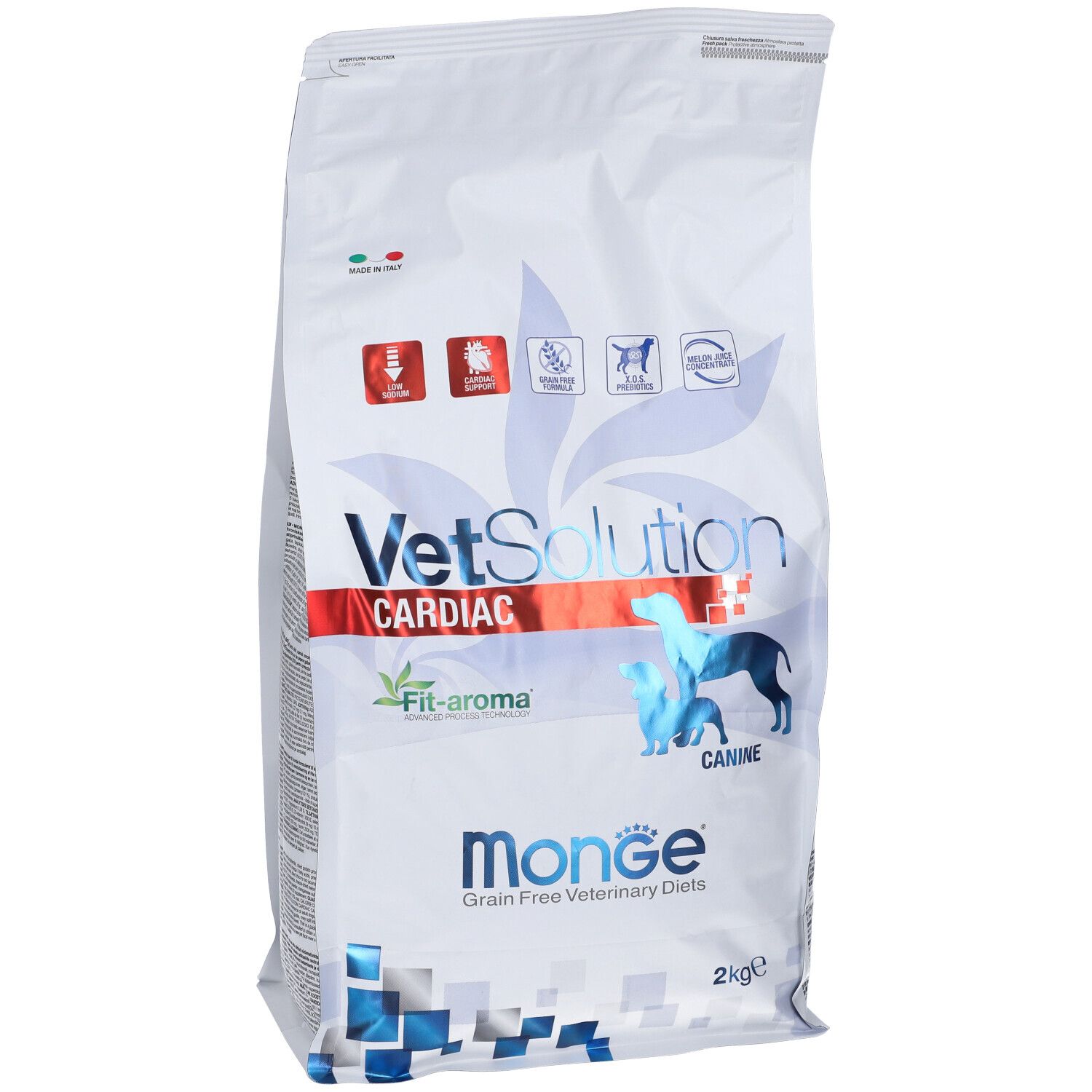 Sacchetto bianco con stampa. Scritta: VetSolution Cardiac, Monge. Illustrazione: cane. 2 kg.