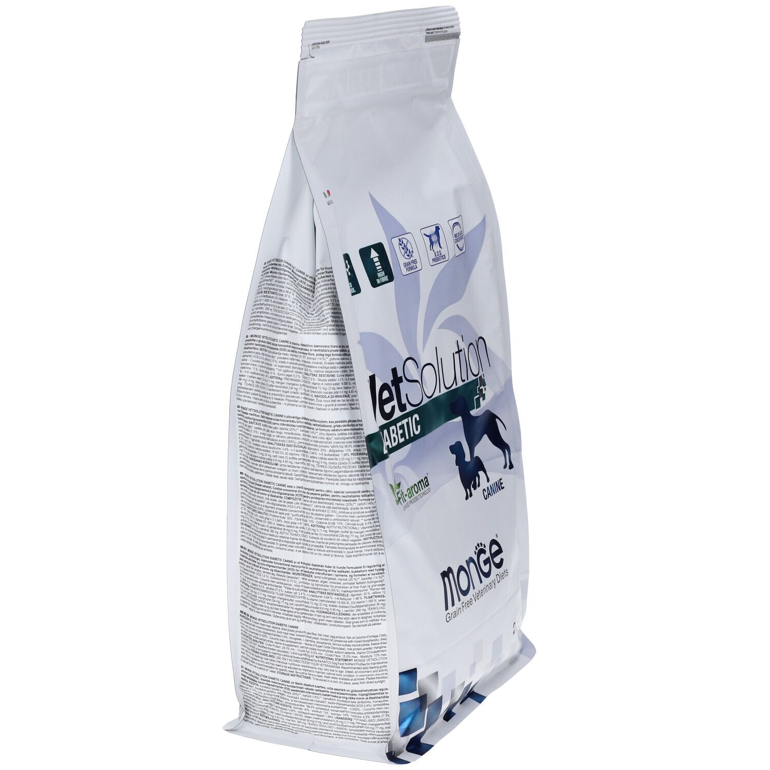 Sacchetto bianco, vista laterale. Loghi "VetSolution Diabetic" e "Monge". Testo sul retro. Chiusura superiore.