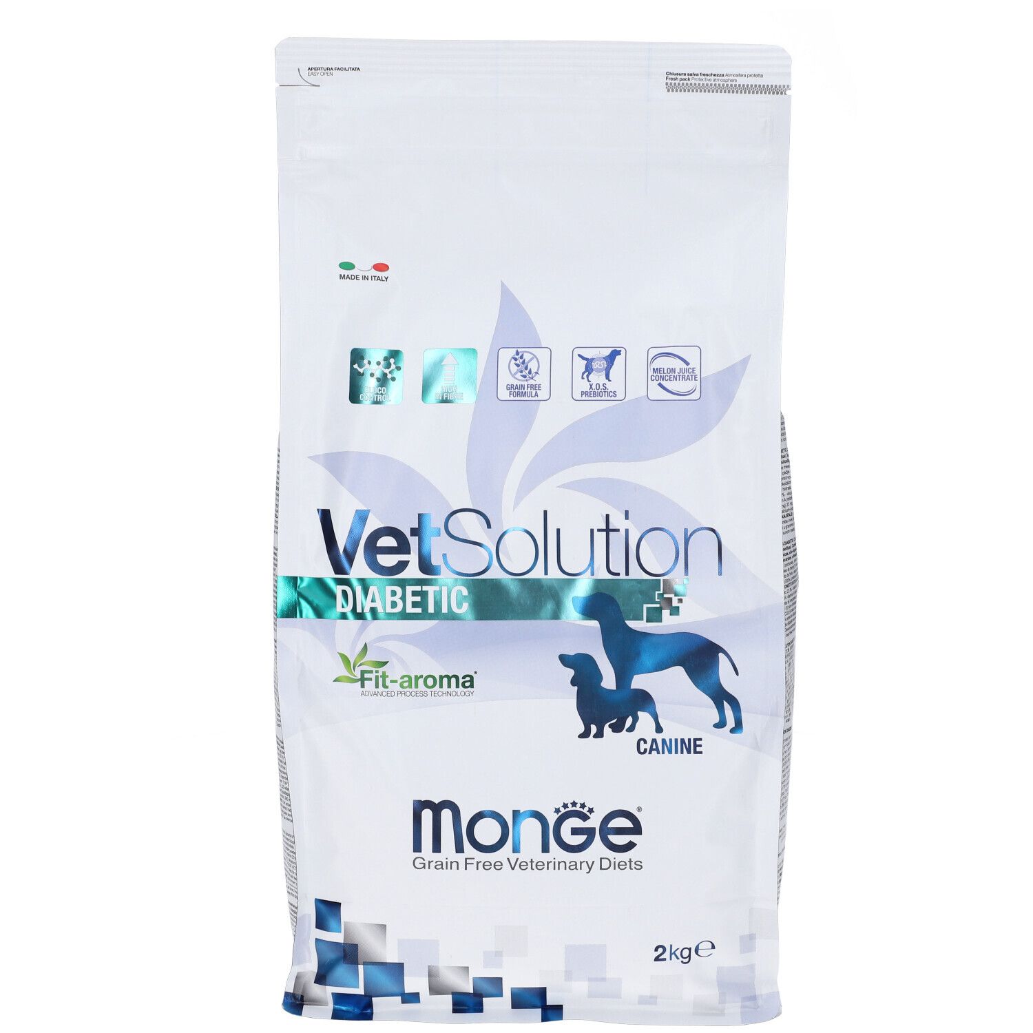 Sacchetto bianco stampato. Loghi "VetSolution Diabetic" e "Monge". Illustrazione di un cane. 2 kg.