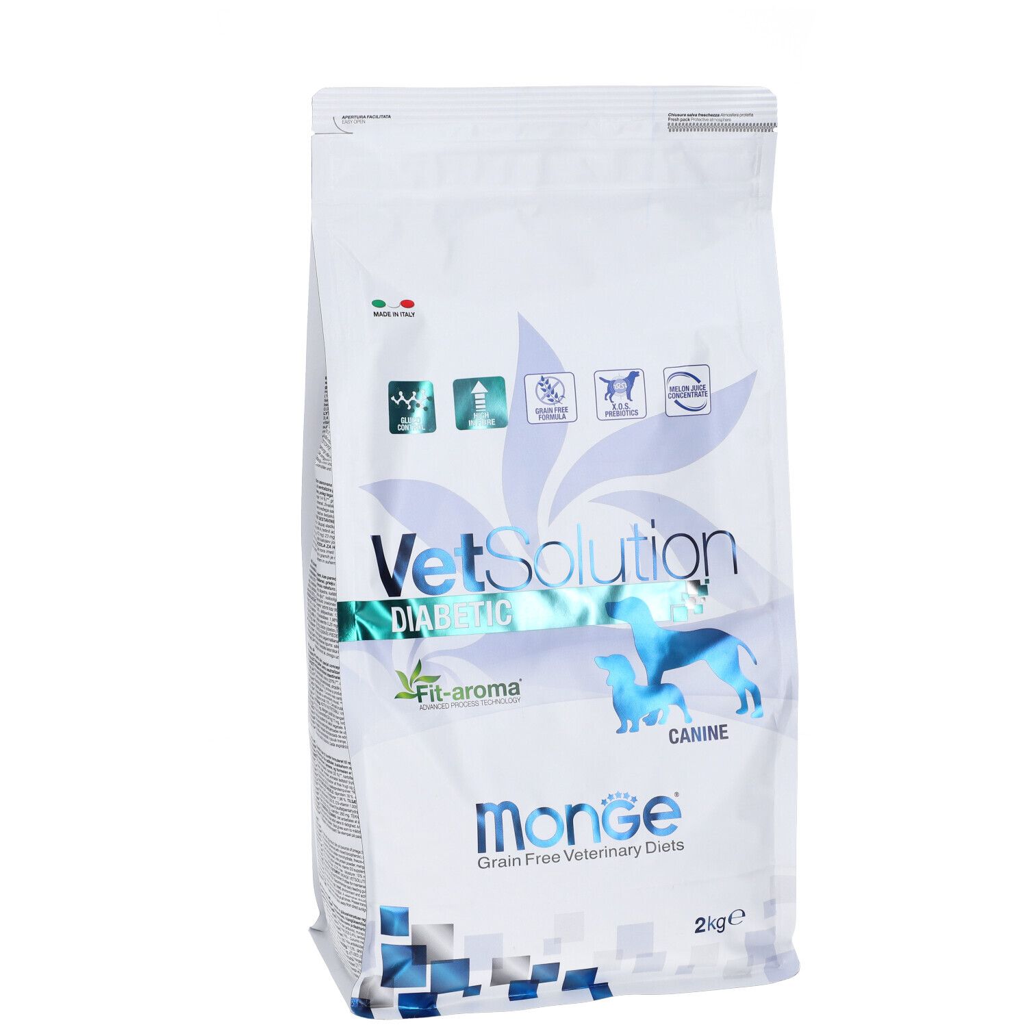 Sacchetto bianco stampato. Loghi "VetSolution Diabetic" e "Monge". Illustrazione di un cane. 2 kg.